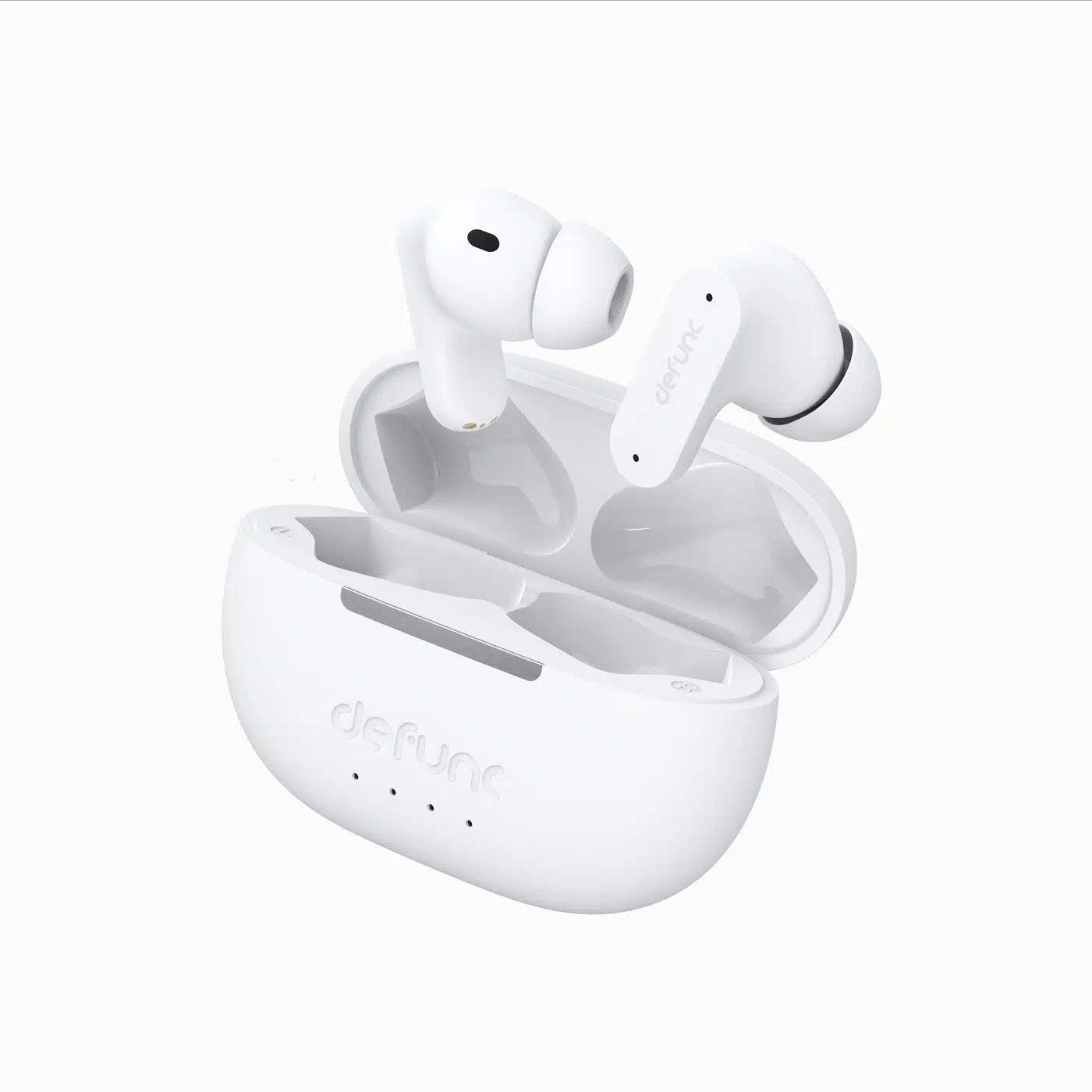 Auricolari wireless bianchi con custodia di ricarica, su sfondo bianco.