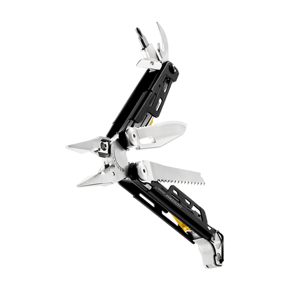 Ein schwarzes Multitool mit silbernen Werkzeugen wie Zange und Säge.