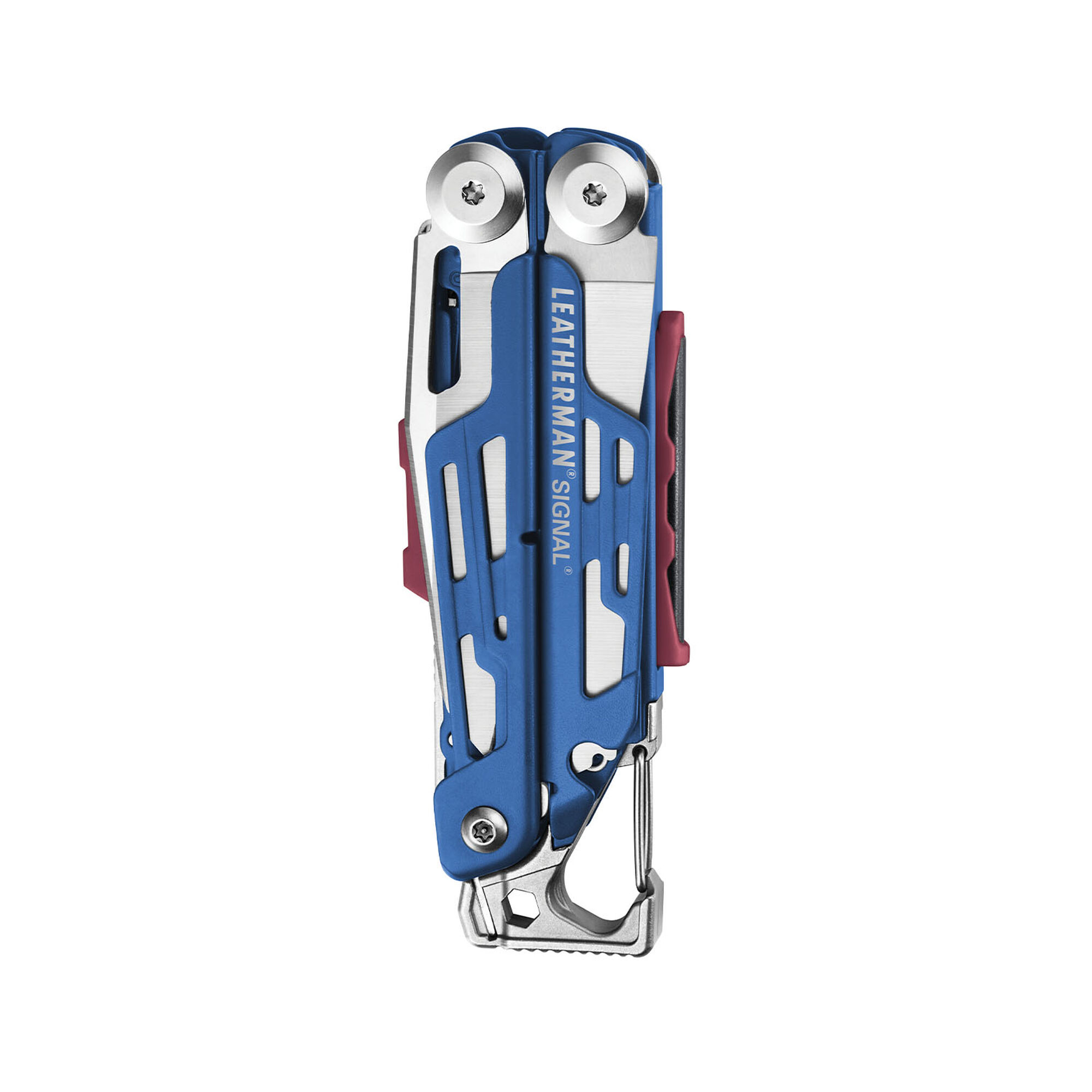 Blaues Multitool mit roten Akzenten und silbernem Karabiner. Leatherman Signal.
