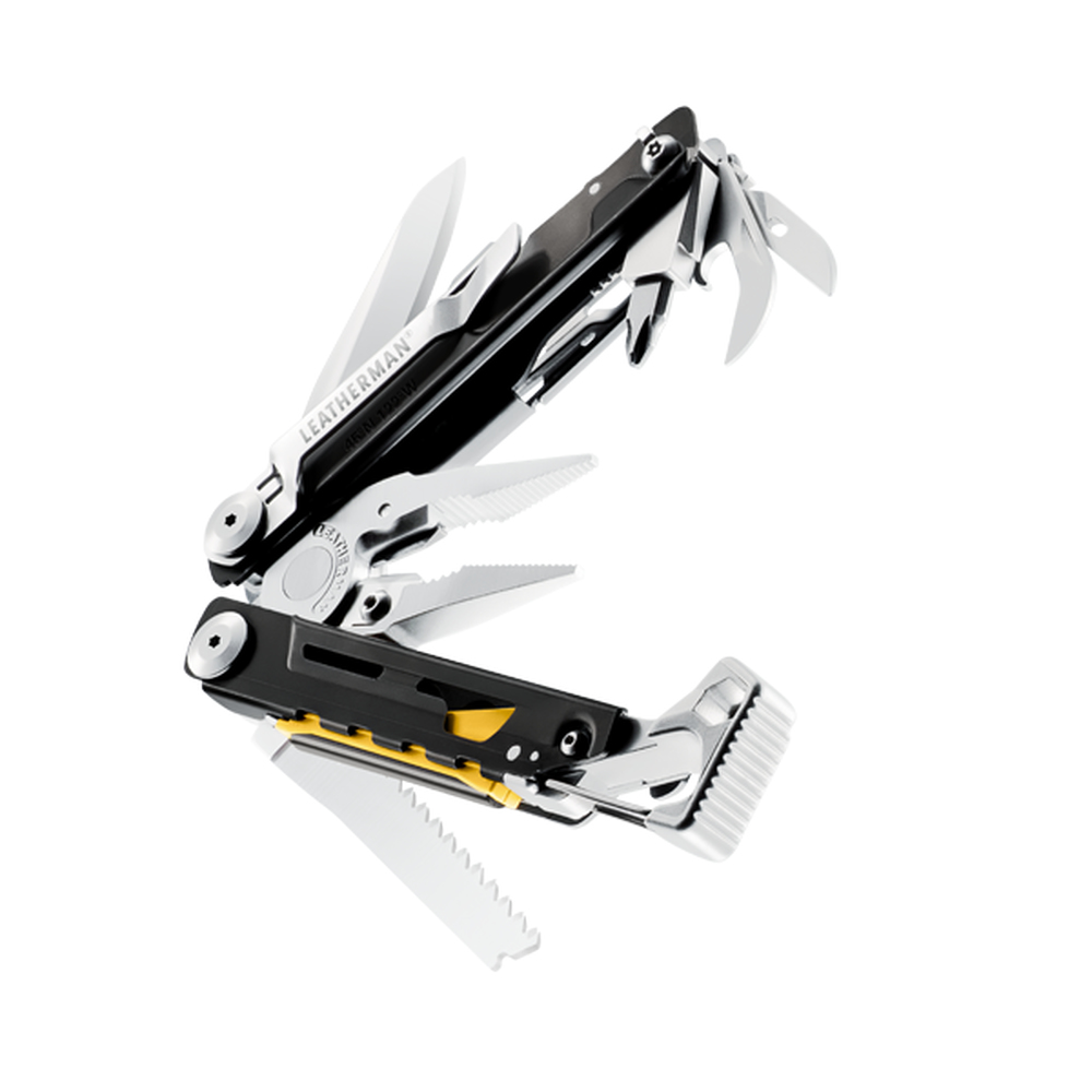 Ein schwarzes Multitool mit ausgeklappten Klingen, Zange und Säge.