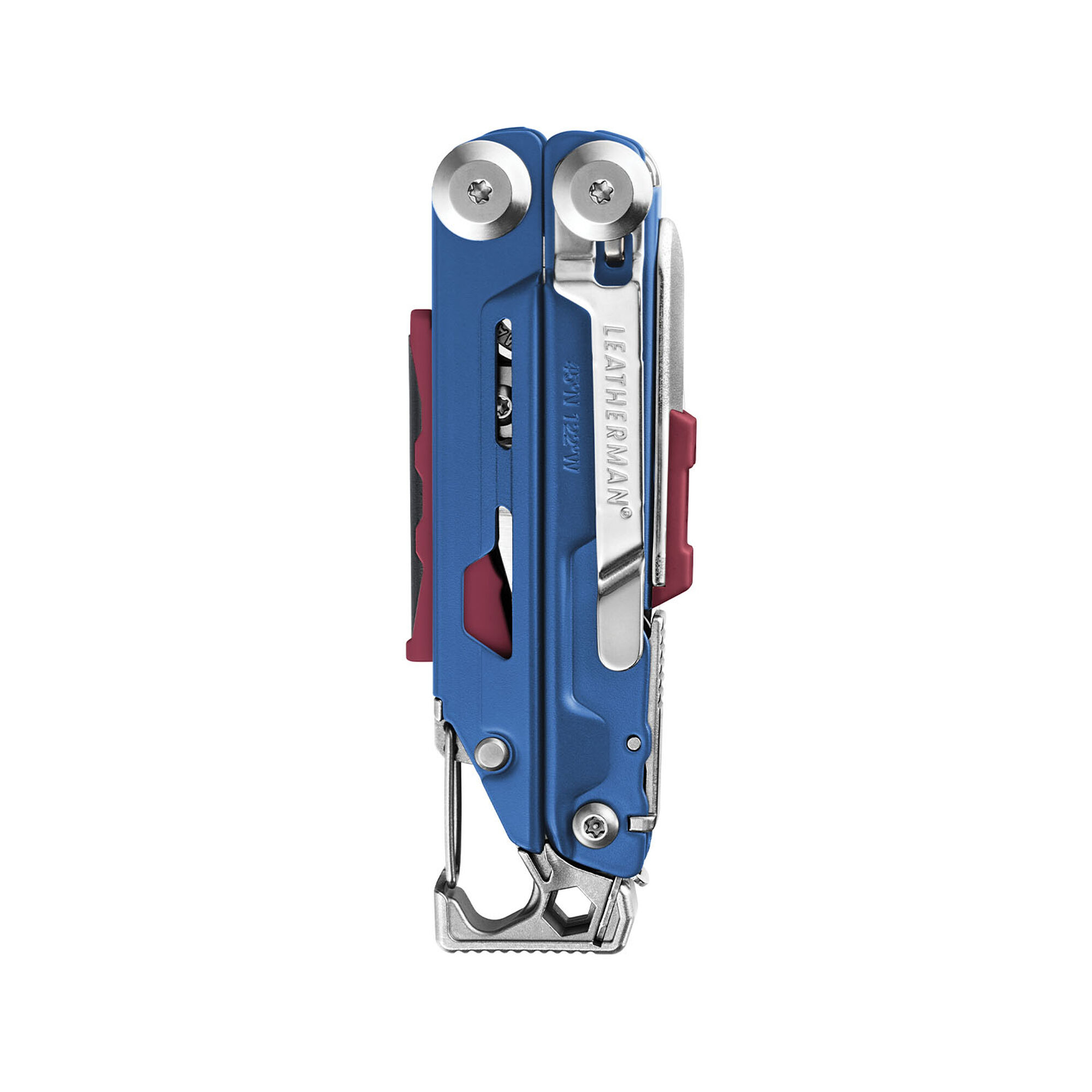 Blaues Multitool mit roten Akzenten, Leatherman-Logo und Schrauben.