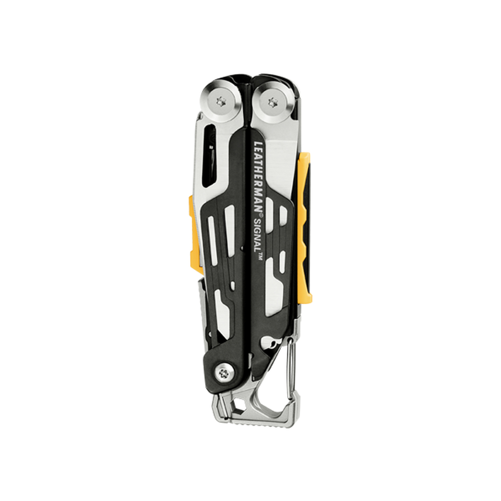 Ein geschlossenes Leatherman Signal Multitool mit schwarzem Griff und gelben Akzenten.