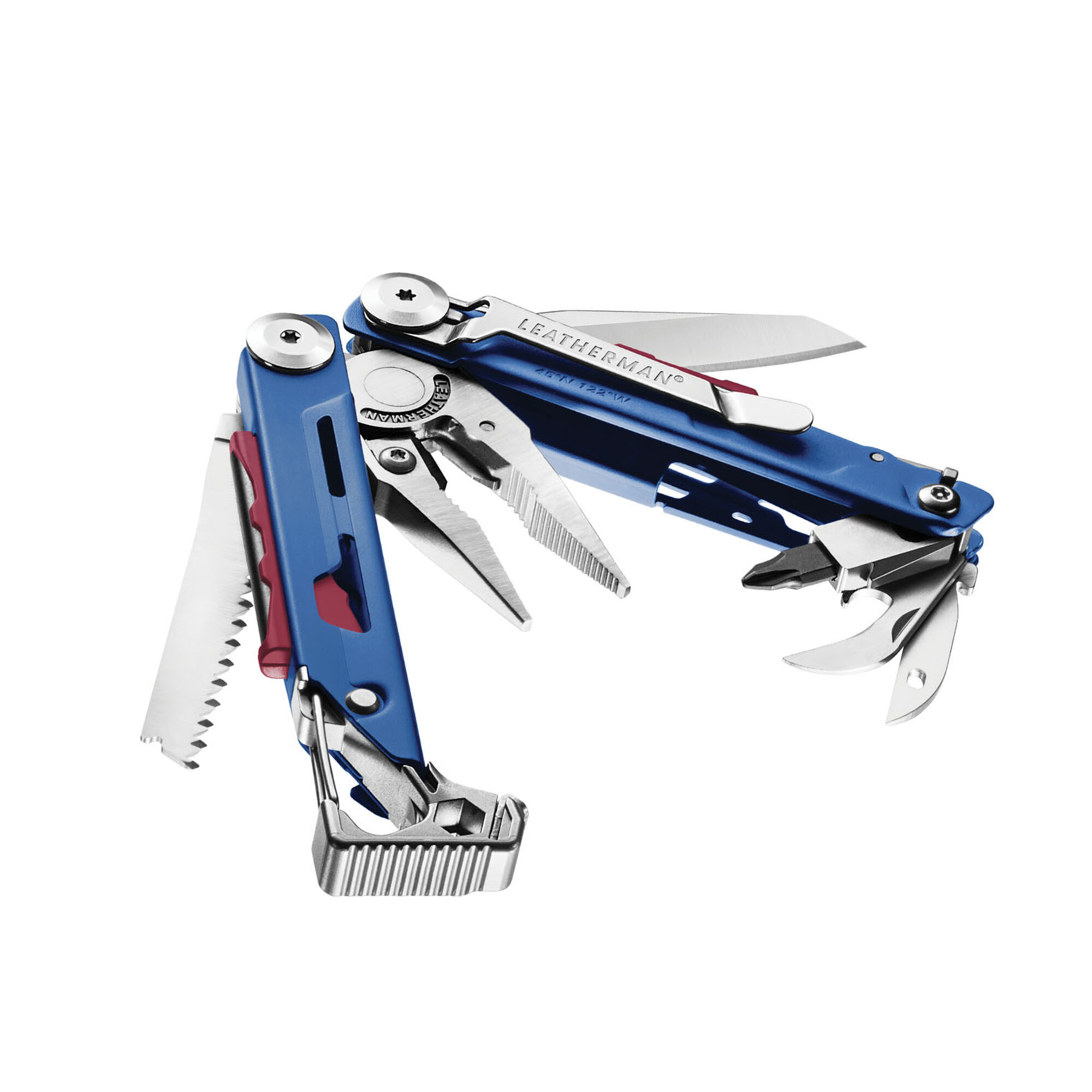 Ein blaues Multitool mit ausklappbaren Werkzeugen wie Zange, Messer und Säge.
