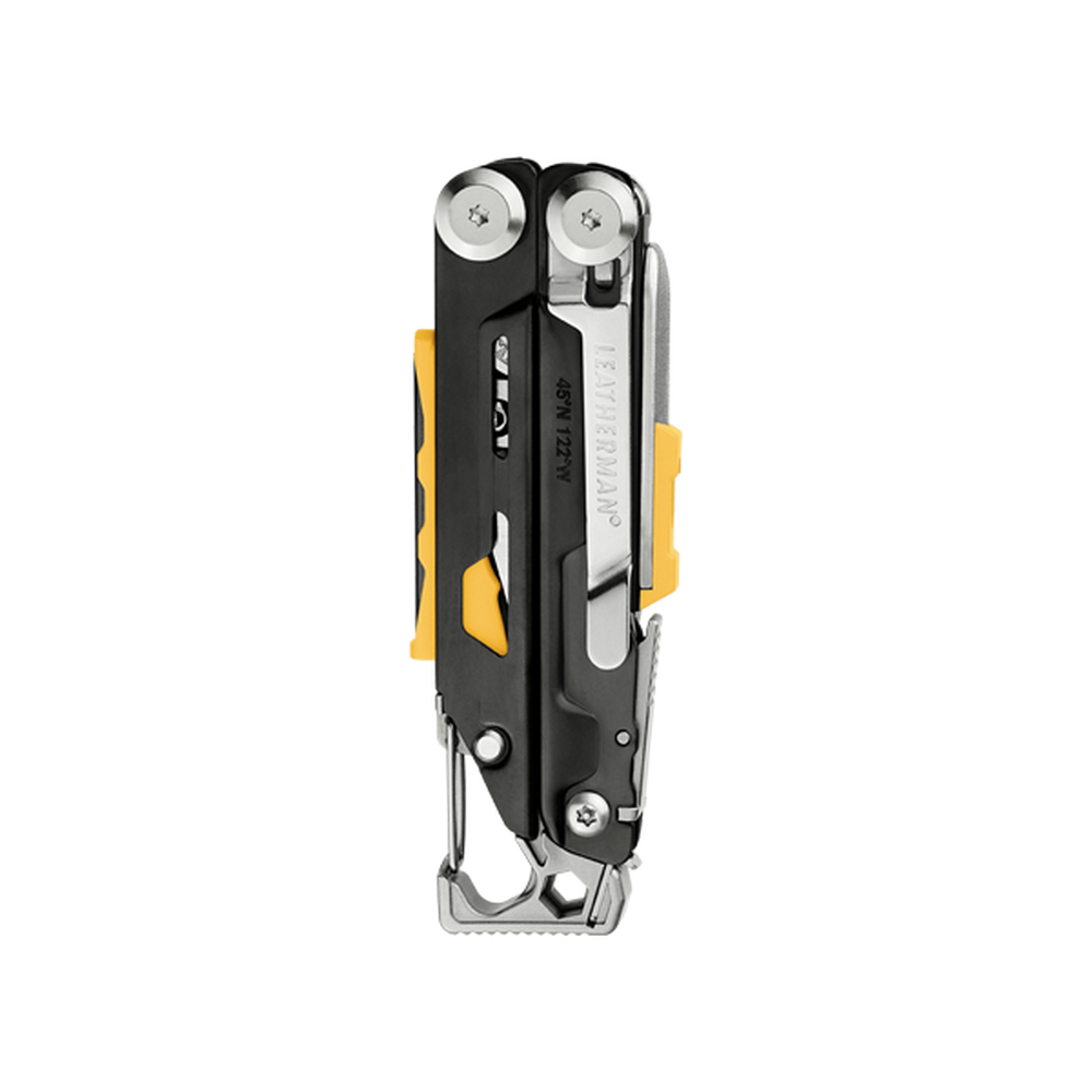 Ein geschlossenes Multitool mit schwarzen und gelben Griffen und Metallwerkzeugen.