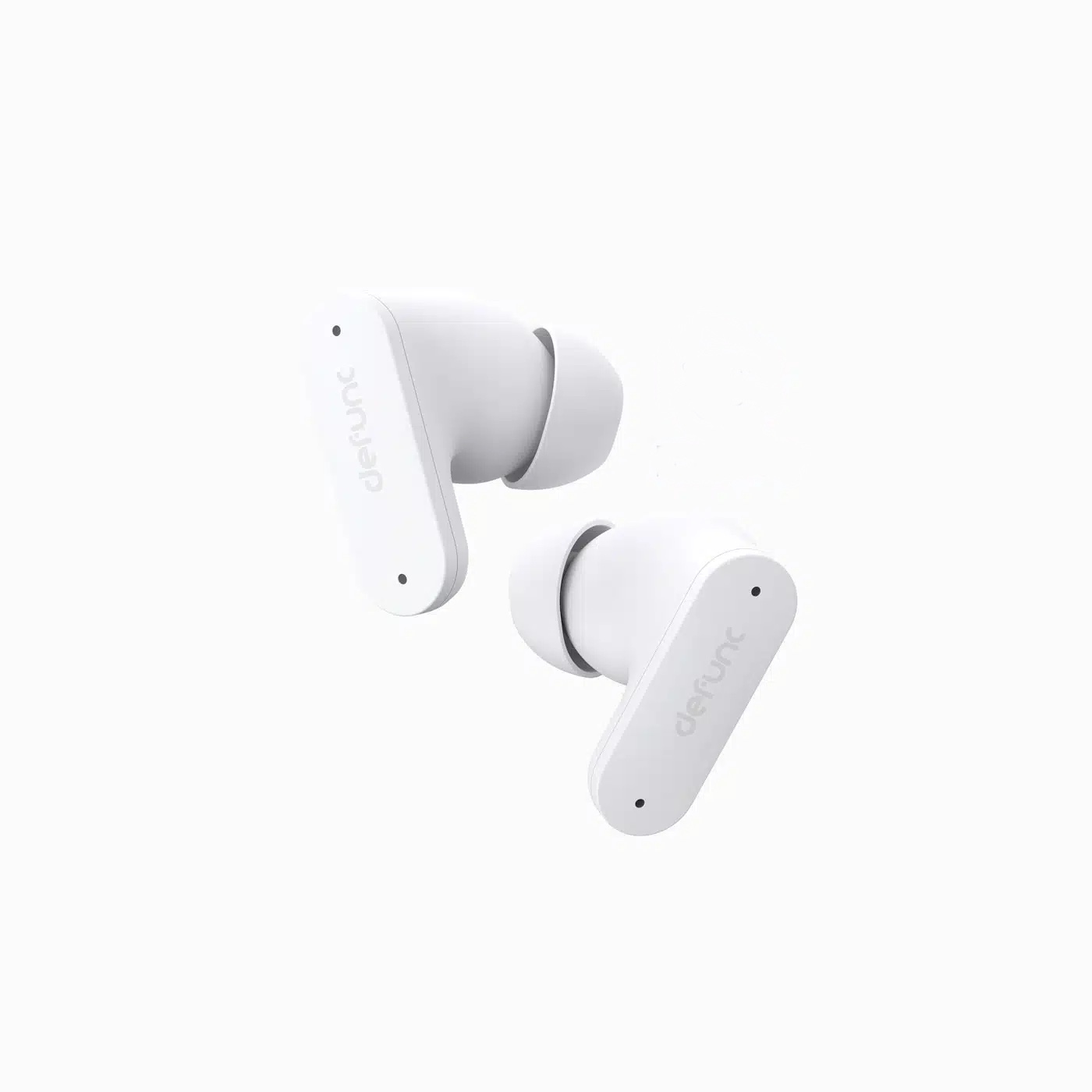 Due auricolari wireless bianchi con logo Defunc, su sfondo bianco.
