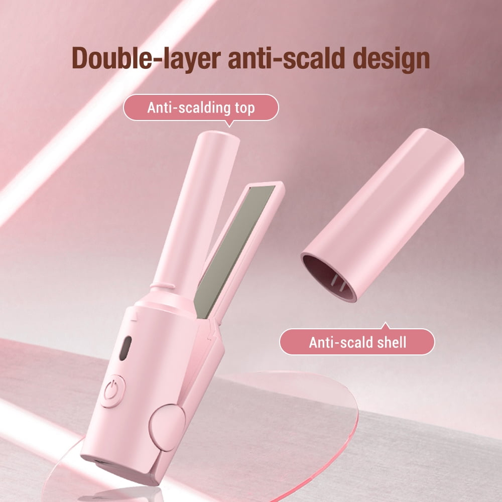 Ein rosa Haarglätter mit offenem Griff und abnehmbarer Kappe, mit Text.