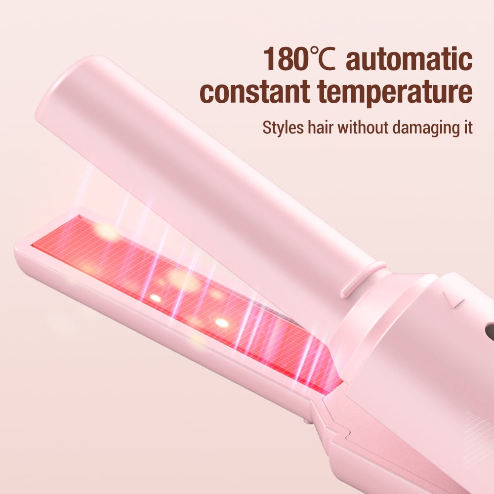 Ein rosafarbener Glätteisen mit roten Heizelementen, 180 Grad konstante Temperatur.