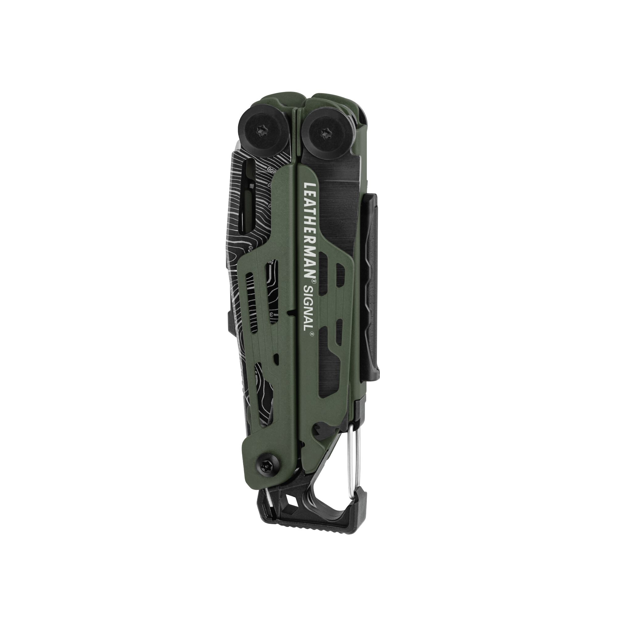 Ein geschlossenes, taktisches Multitool in Olivgrün mit einem Clip.