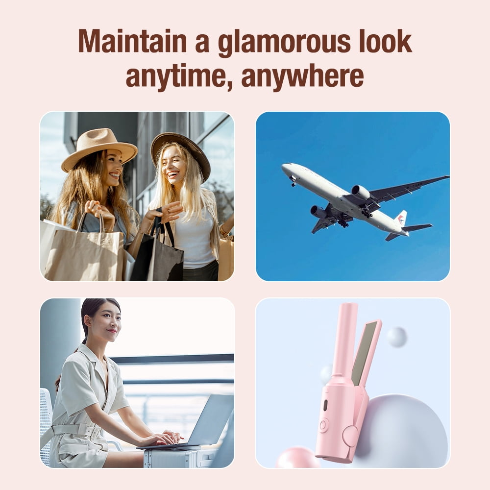 Vier Bilder: Frauen beim Einkaufen, Flugzeug, Frau am Laptop, rosa Glätteisen.