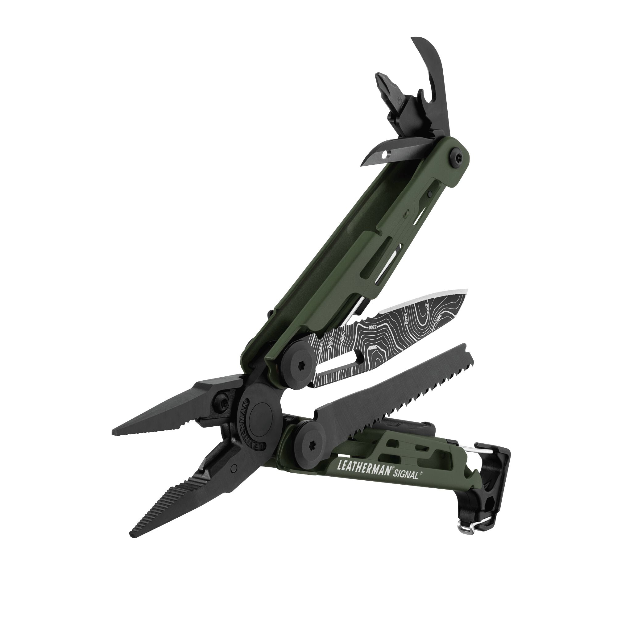 Ein olivgrünes Multitool mit geöffneten Zangen, Säge und Klinge mit Höhenlinienmuster.