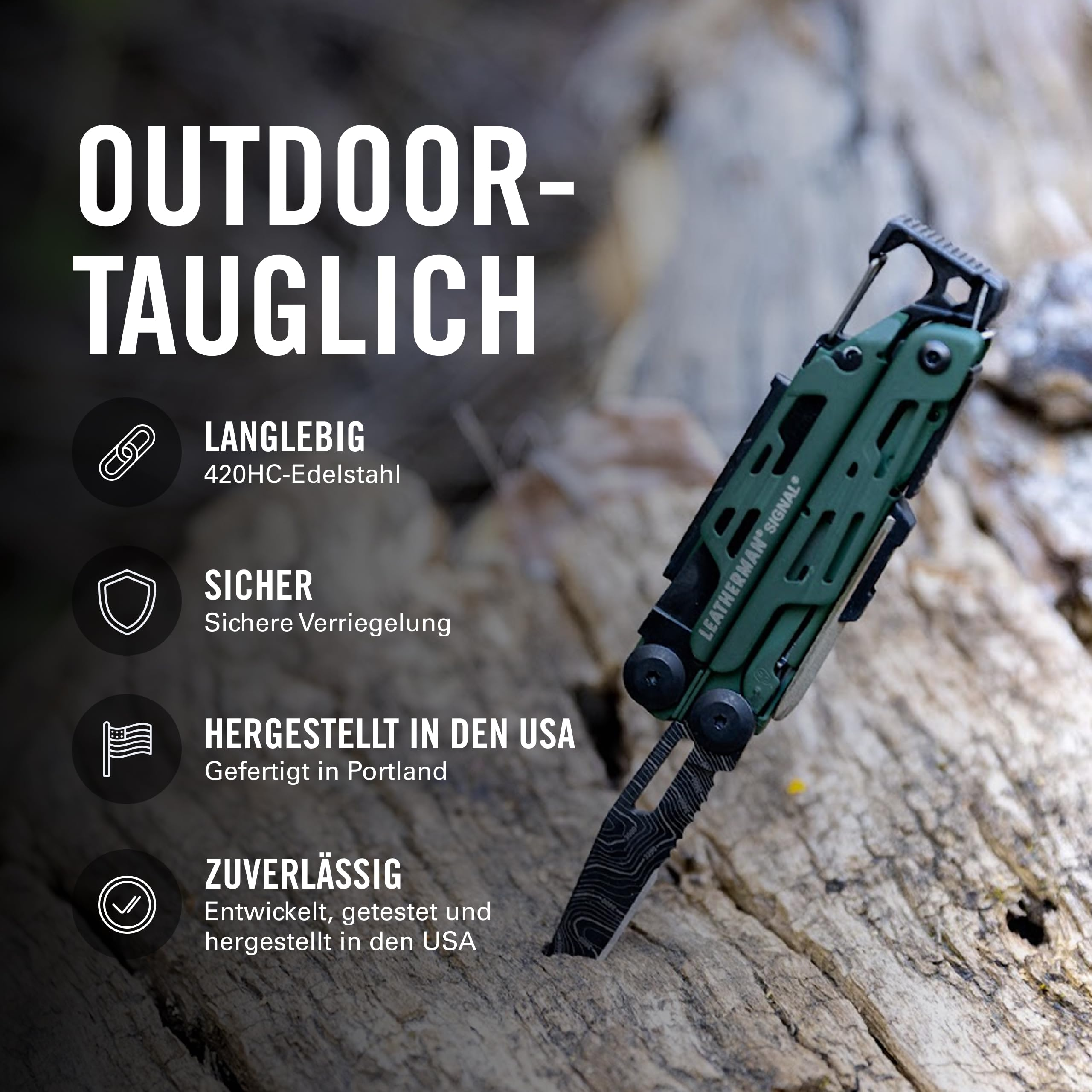 Grünes Multitool mit Messer auf Holz. Outdoor-tauglich.