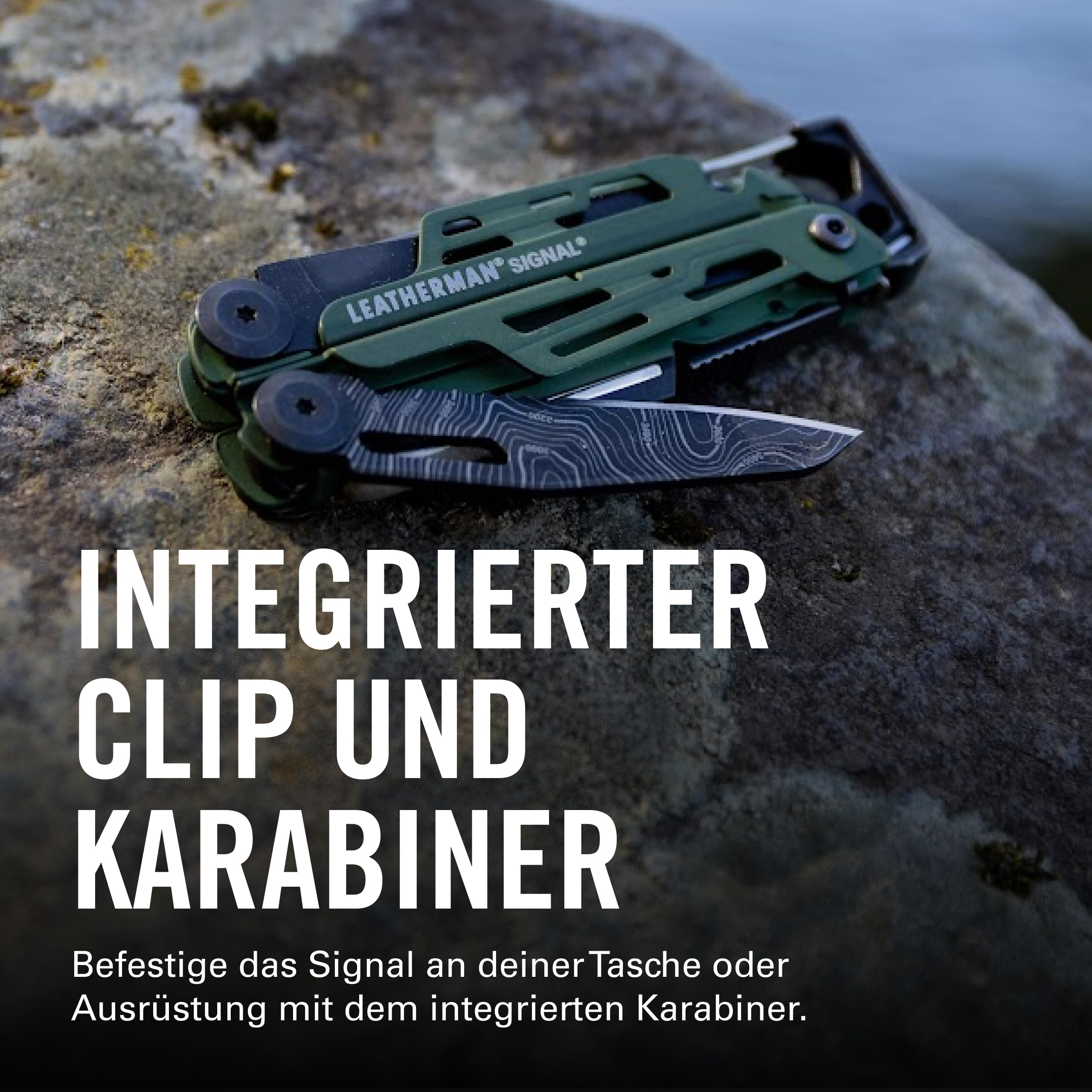 Ein grünes Leatherman Signal Multitool mit Messer auf Stein.