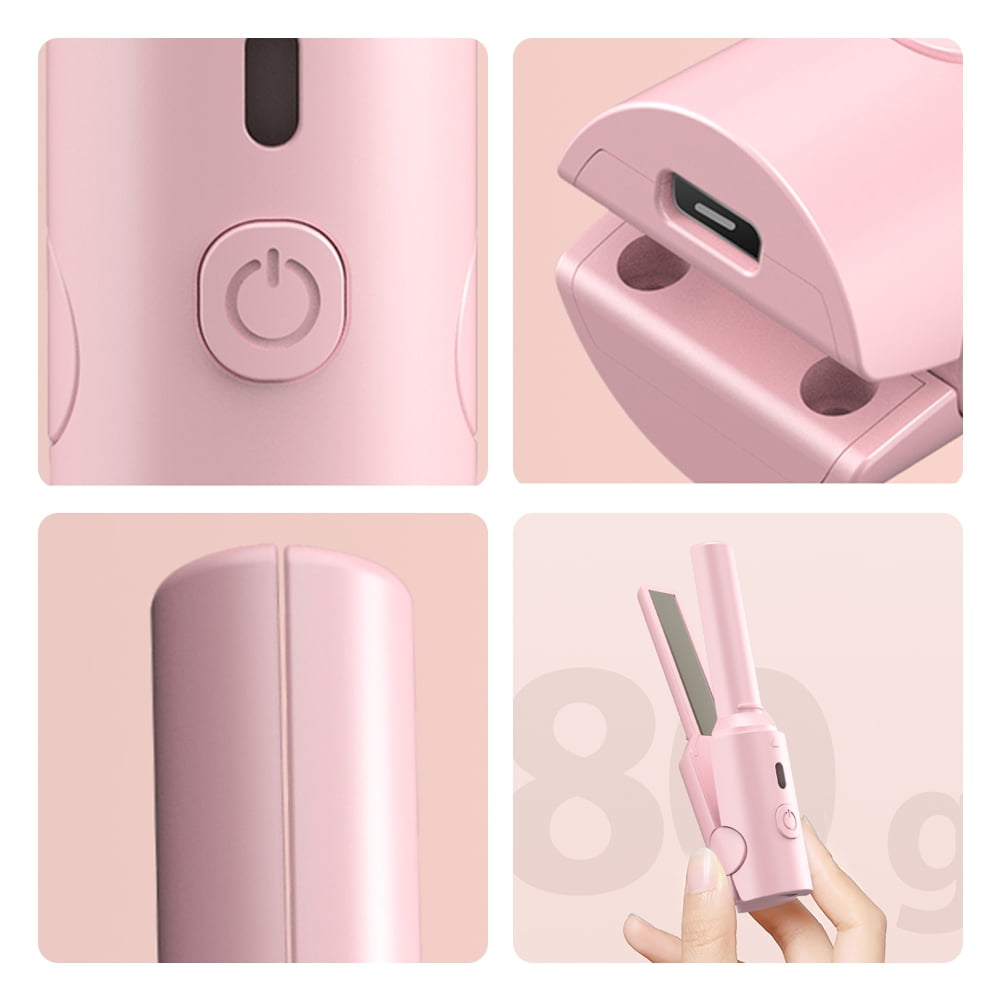 Ein pinker Mini-Haarglätter mit Power-Knopf und Ladeanschluss.