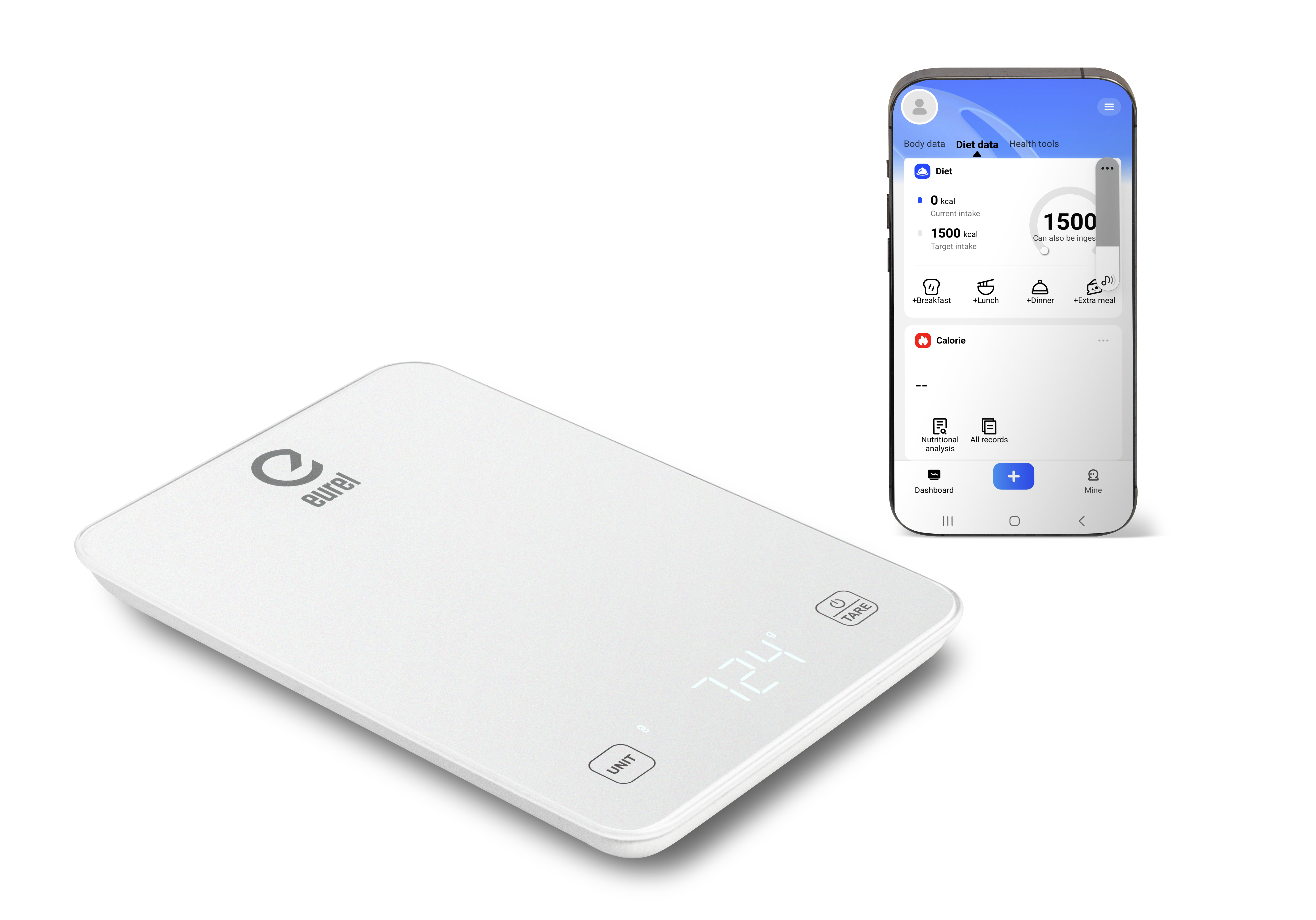 Weiße digitale Küchenwaage mit einem Smartphone, das eine Ernährungs-App anzeigt.