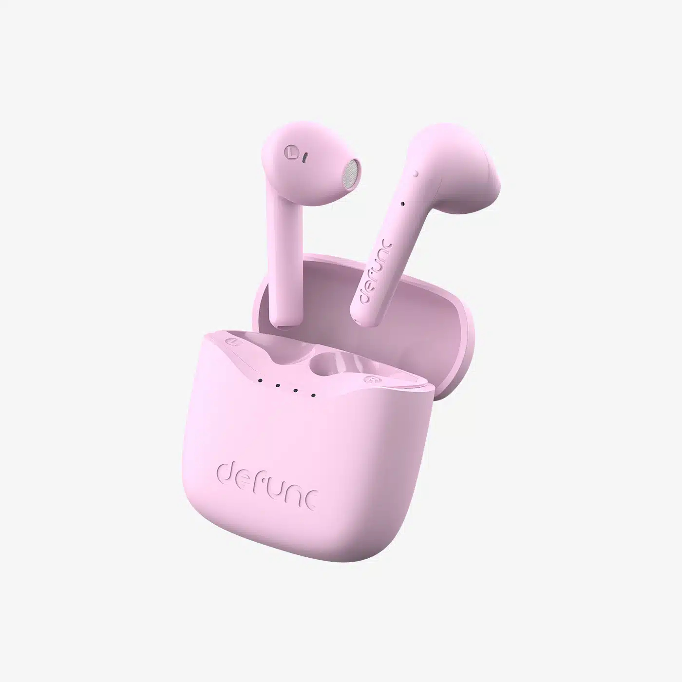 Un paio di auricolari wireless rosa pastello con custodia di ricarica, fluttuanti su sfondo bianco.