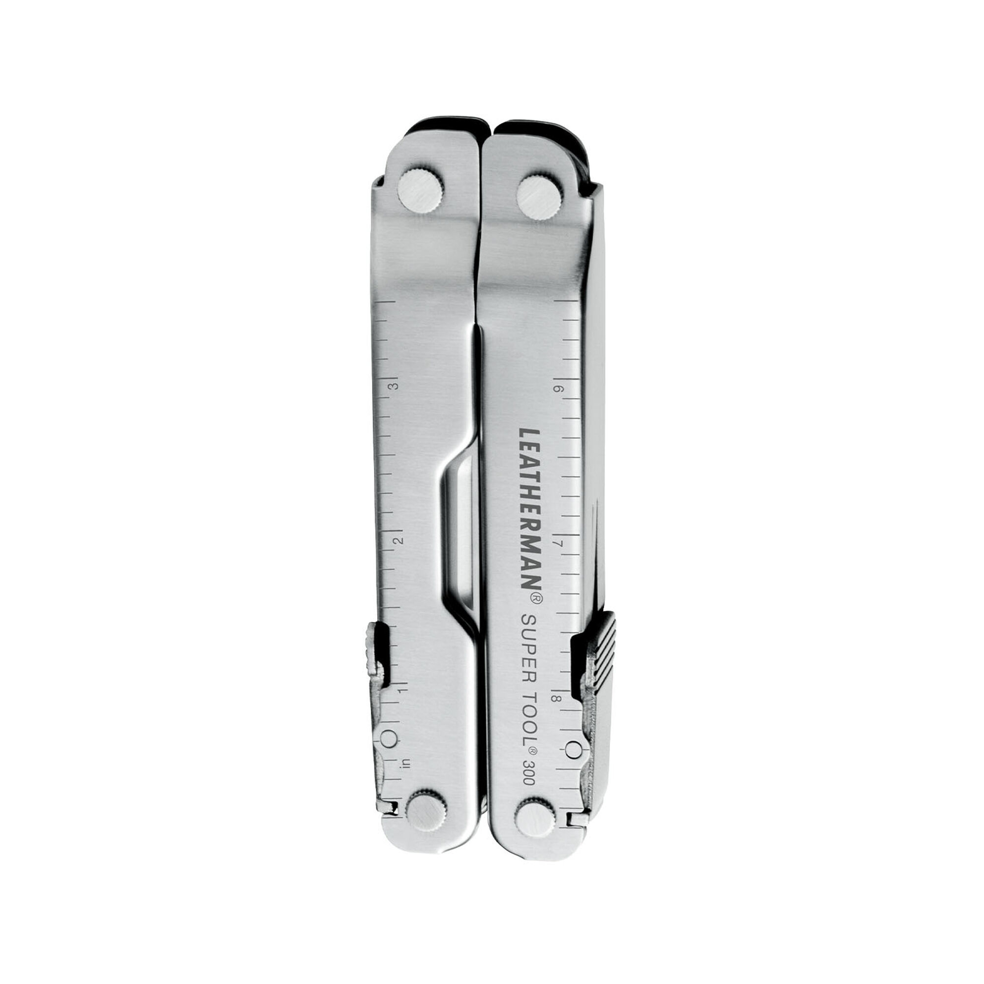 Ein geschlossenes silbernes Leatherman Super Tool 300 Multitool mit Messskala.
