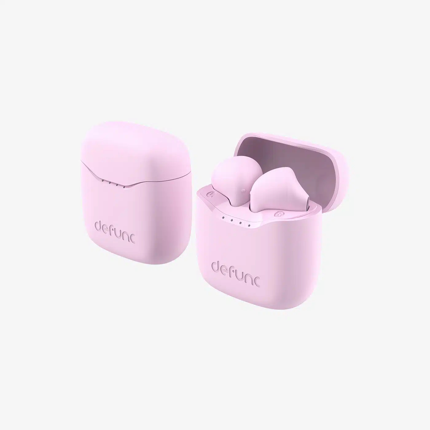 Due auricolari wireless rosa con custodia di ricarica, uno aperto, uno chiuso.