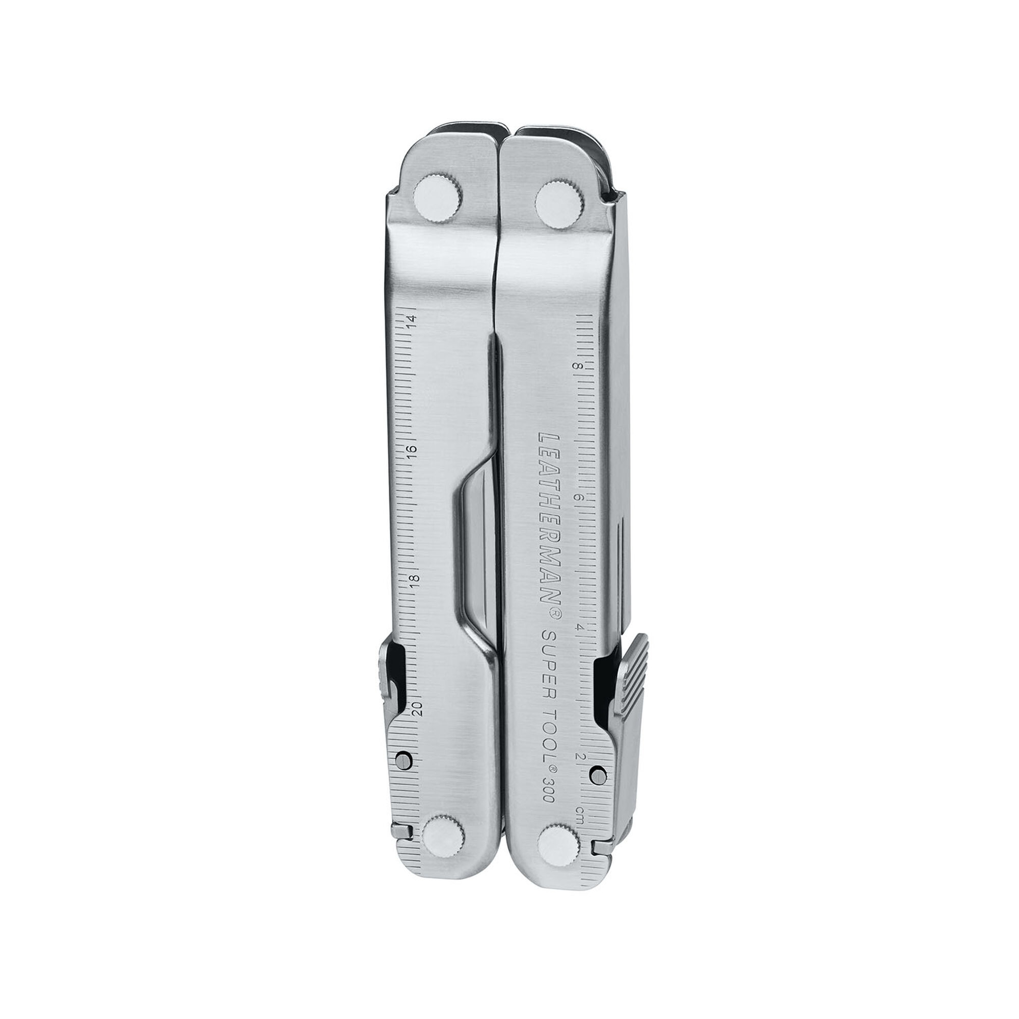 Geschlossenes silbernes Multitool mit Messskalen an den Griffen.