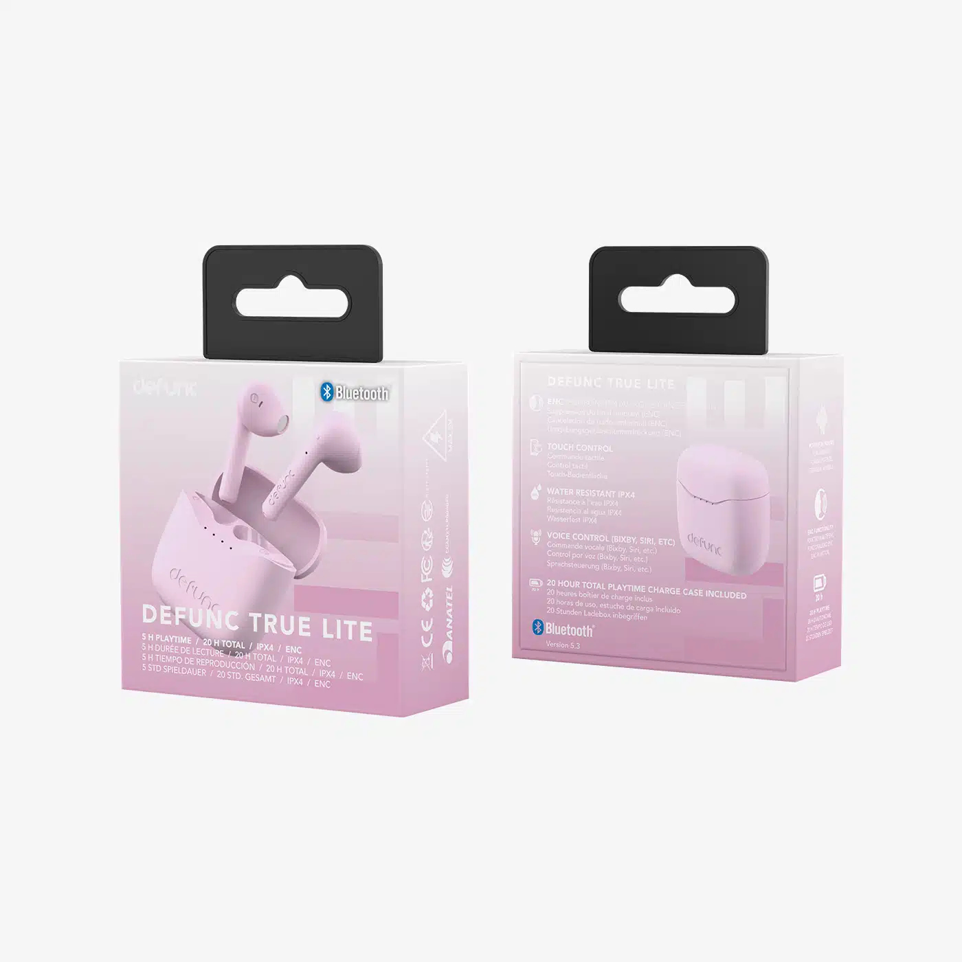 Due confezioni rosa di auricolari Defunc True Lite con linguette.