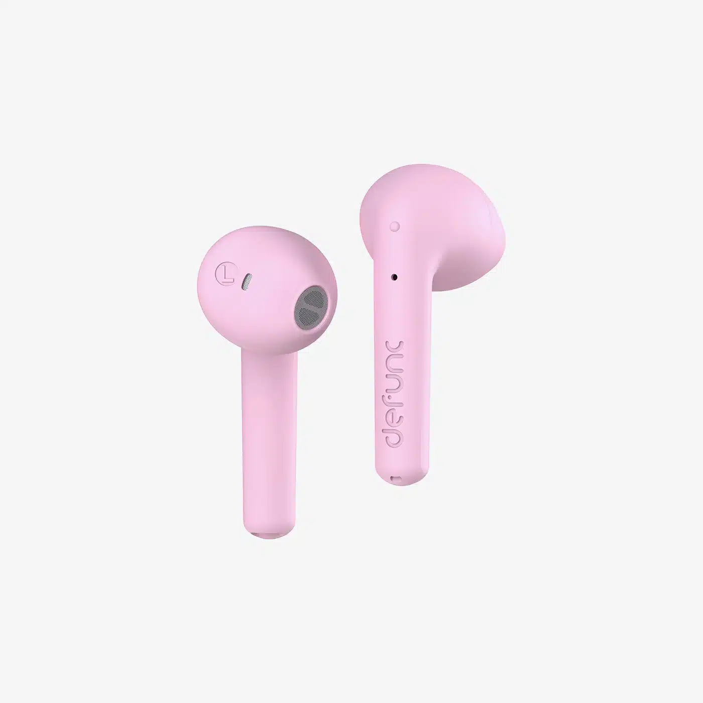Due auricolari wireless rosa su sfondo bianco.