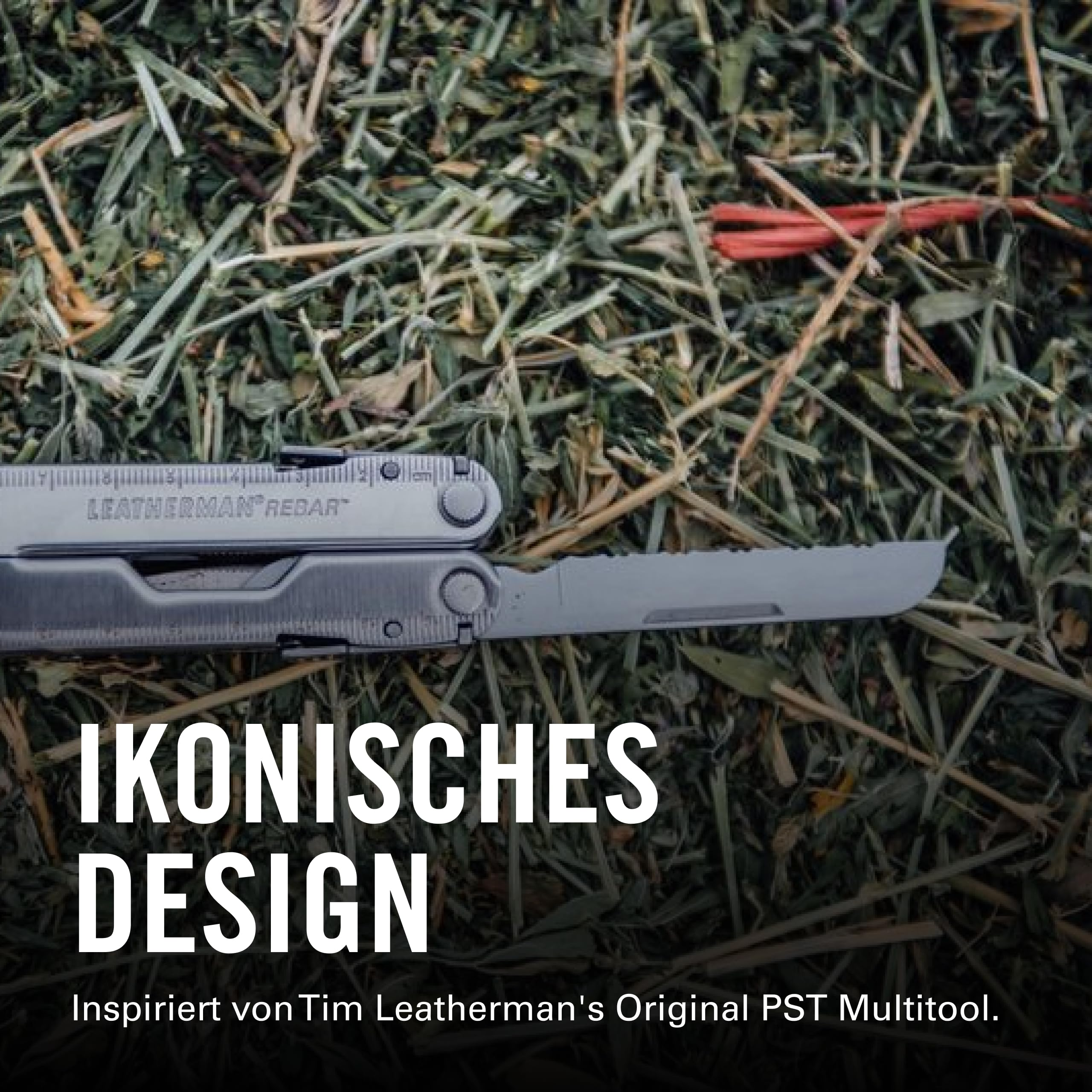 Ein Leatherman Rebar Multitool liegt auf trockenem Gras. Text: Ikonsiches Design.