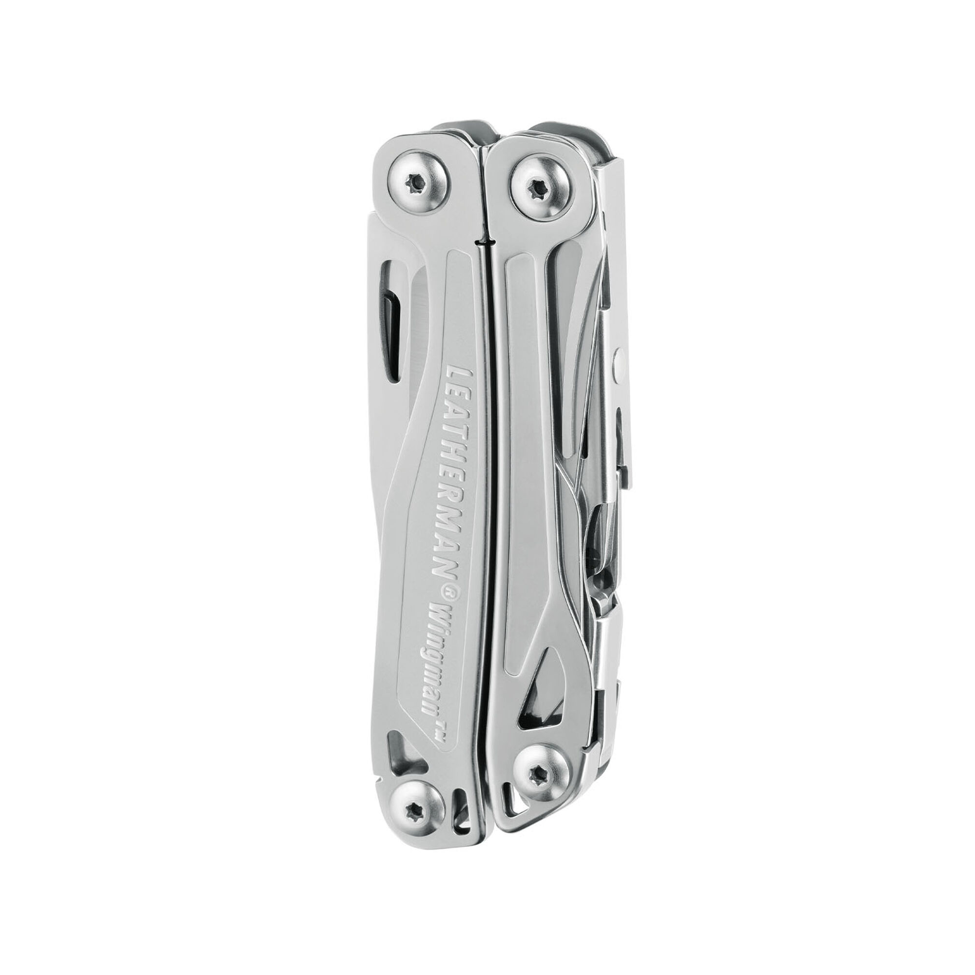 Ein silbernes Leatherman Wingman Multitool, geschlossen, mit Schrauben und Griffdetails.