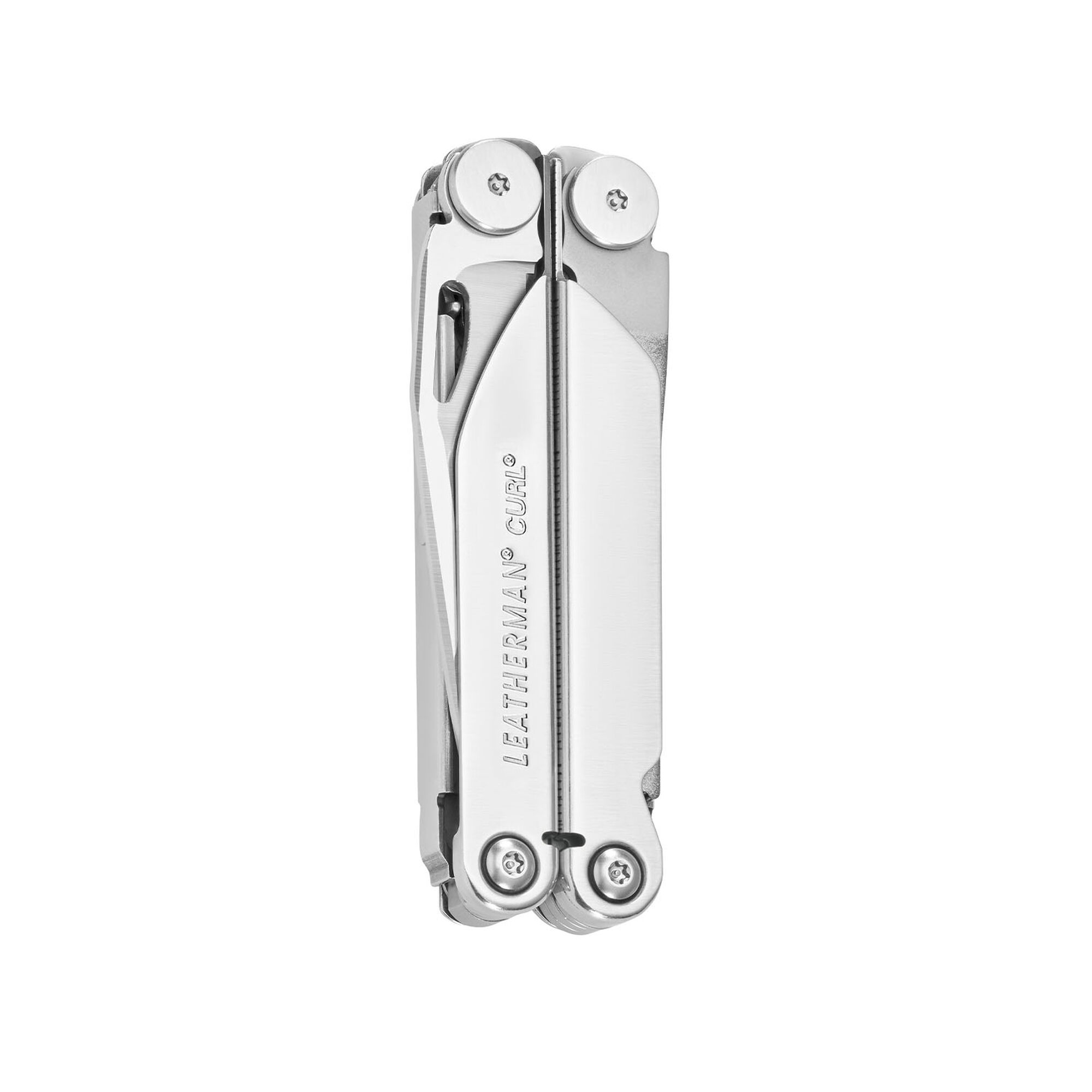Ein geschlossenes silbernes Multitool mit Schrauben auf weißem Hintergrund.