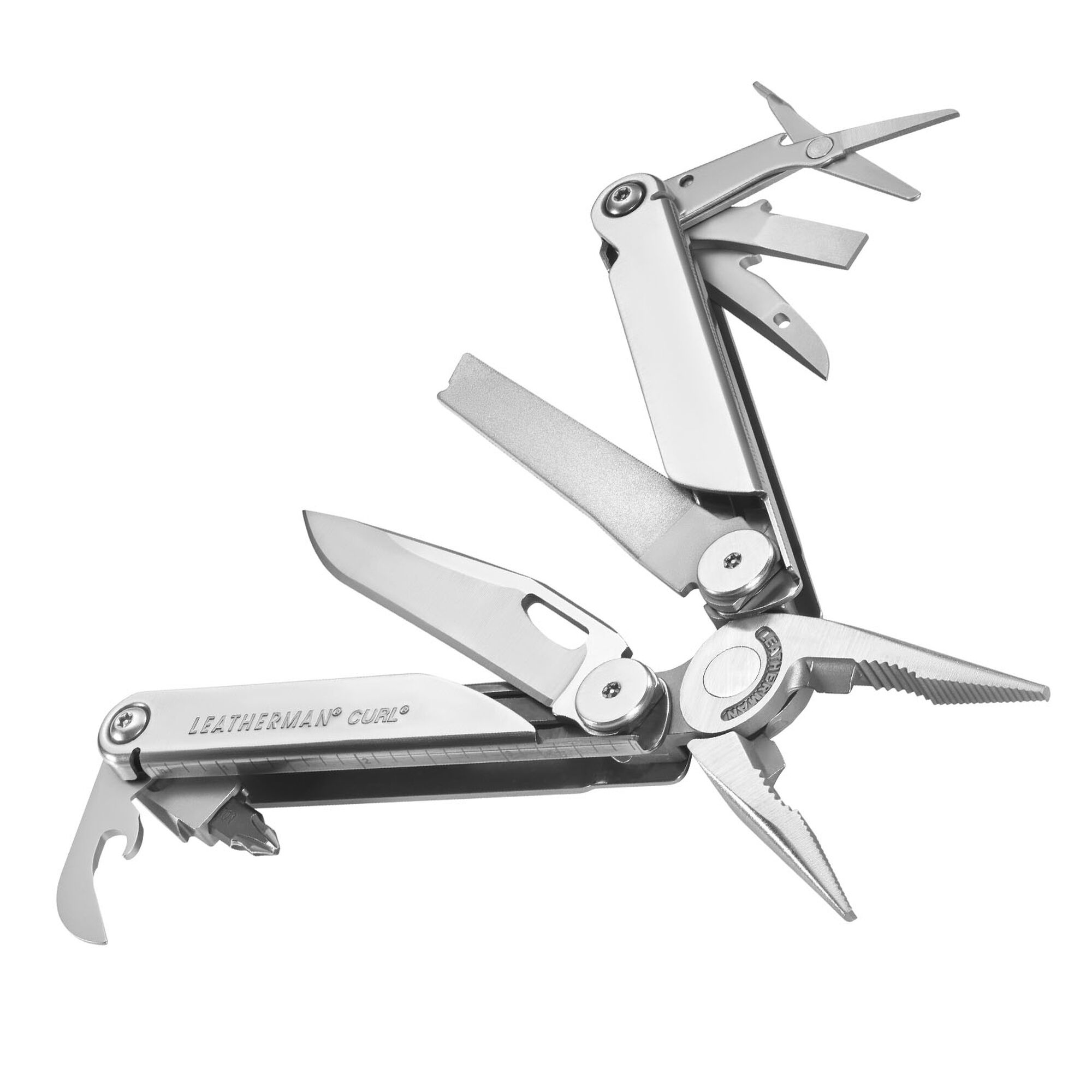Ein silbernes Multitool mit Zange, Messer, Schere und Flaschenöffner.