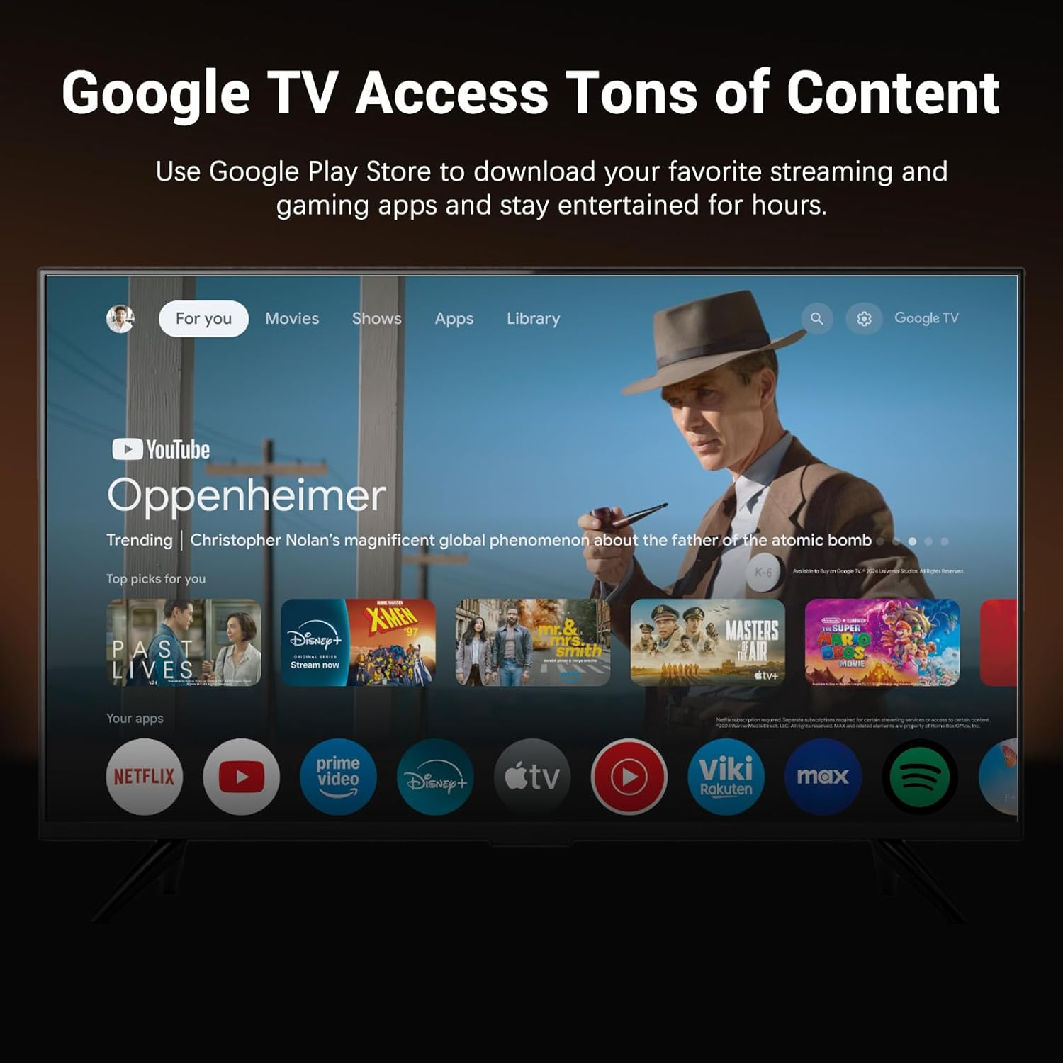 Google TV Startbildschirm mit Filmen, Serien und Apps wie Oppenheimer und Netflix.