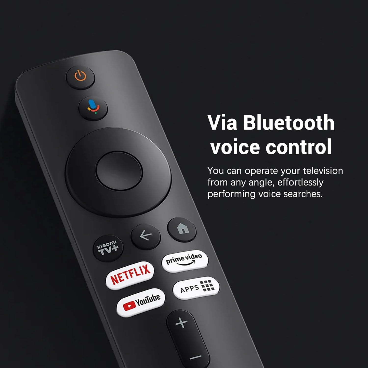 Schwarze Fernbedienung mit Netflix-, Prime Video- und YouTube-Tasten.