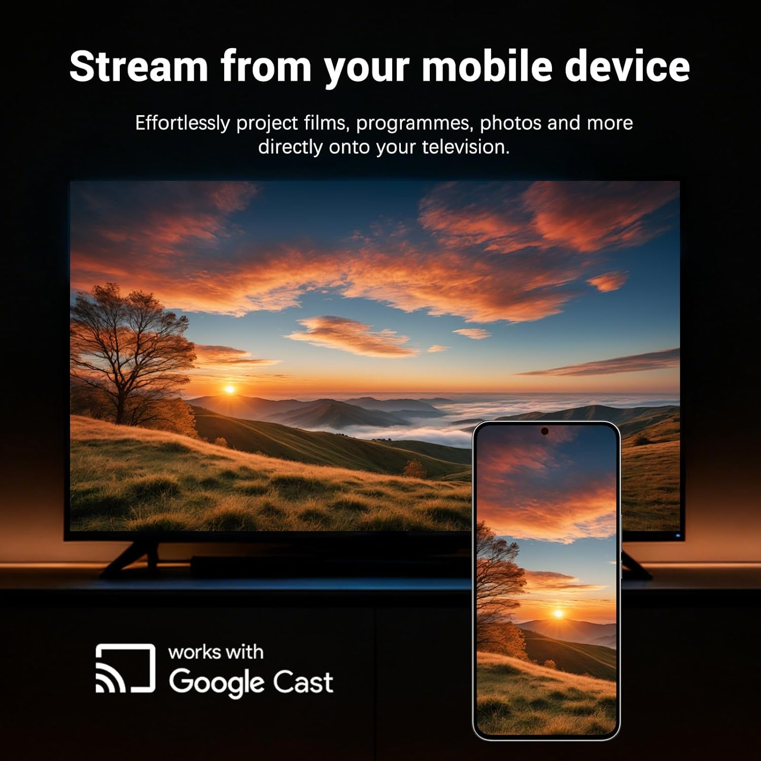 Ein Smartphone zeigt einen Sonnenuntergang, der auf einem Fernseher gespiegelt wird.