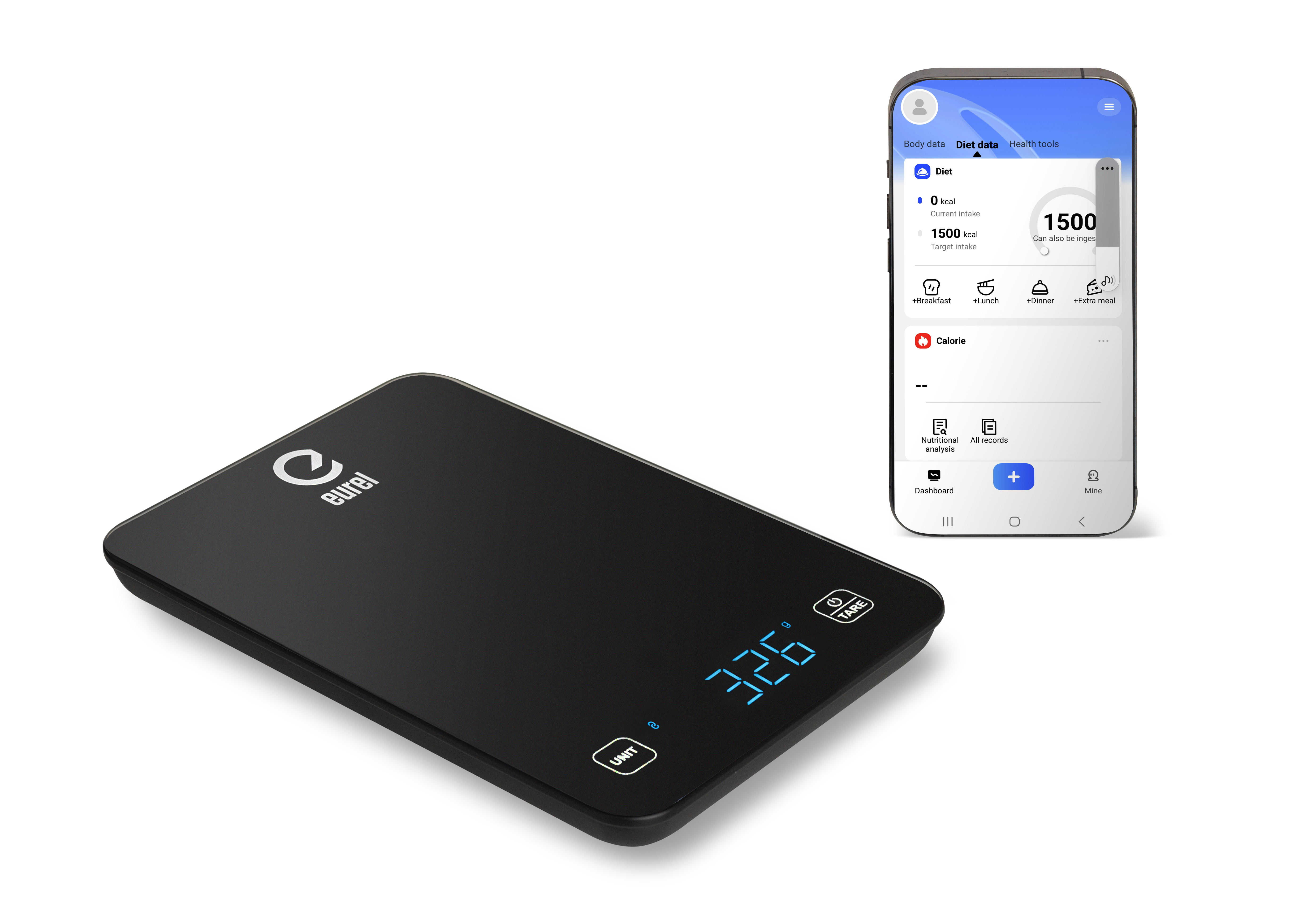 Schwarze digitale Küchenwaage mit leuchtendem Display und Smartphone daneben.