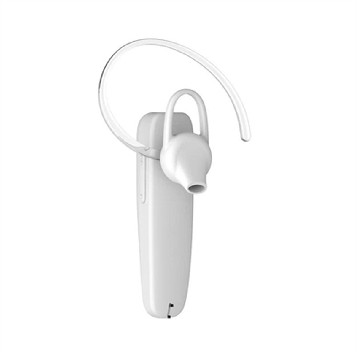 Un auricolare Bluetooth bianco con gancio per l'orecchio e microfono.
