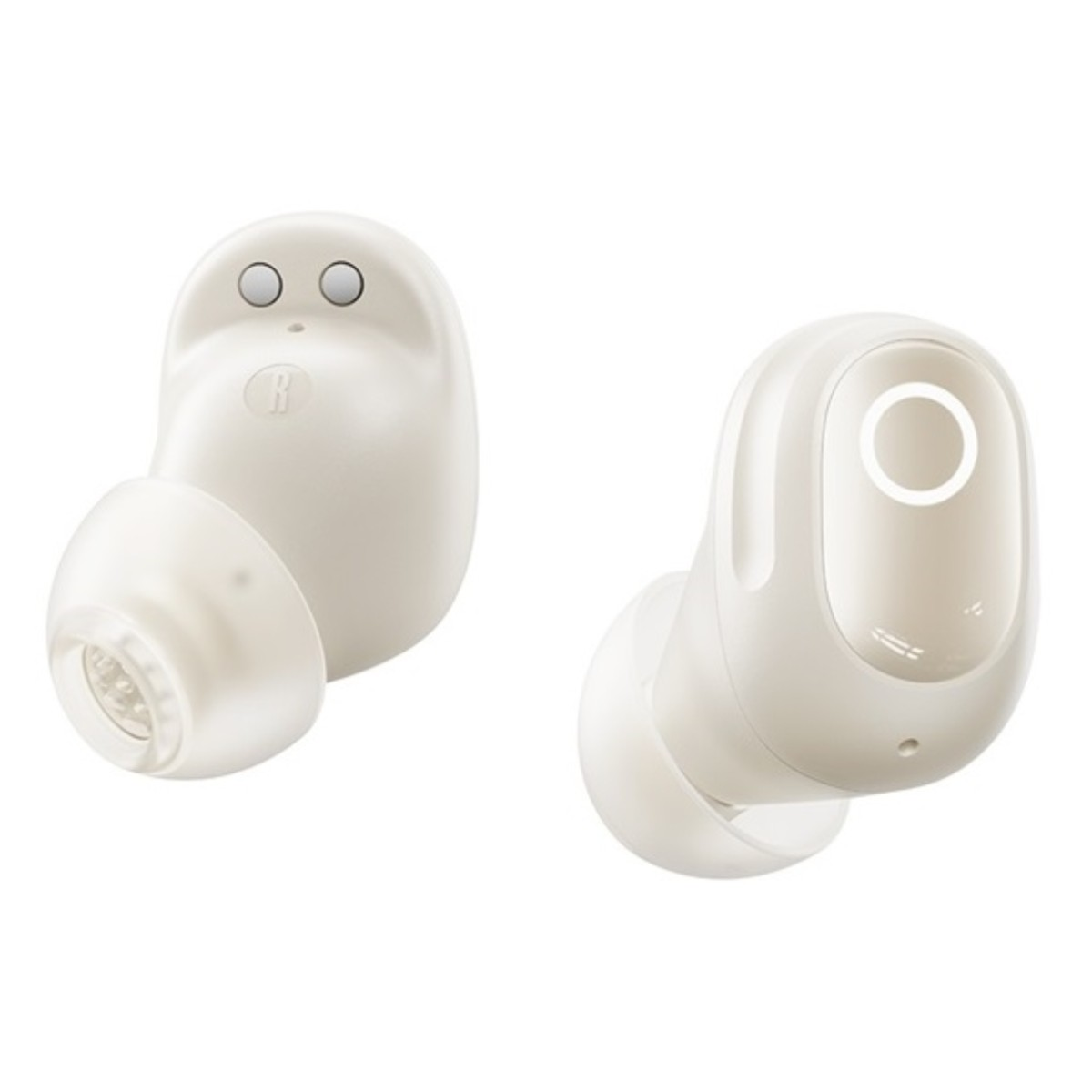 Due auricolari bianchi wireless, sinistro e destro, su sfondo bianco.