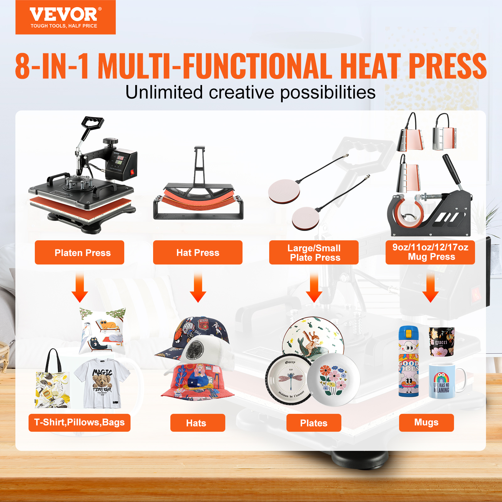 8-in-1 Hitzepresse mit Zubehör für T-Shirts, Mützen, Teller und Tassen.