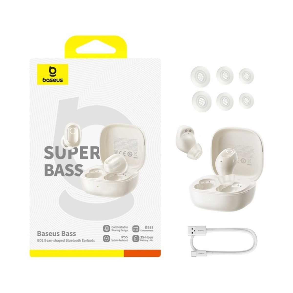 Auricolari Bluetooth Baseus Super Bass bianchi con custodia di ricarica, gommini e cavo USB-C.
