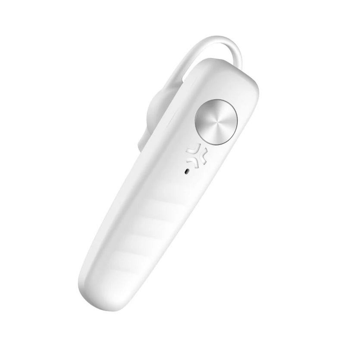 Un auricolare Bluetooth bianco con pulsante argentato e icona.