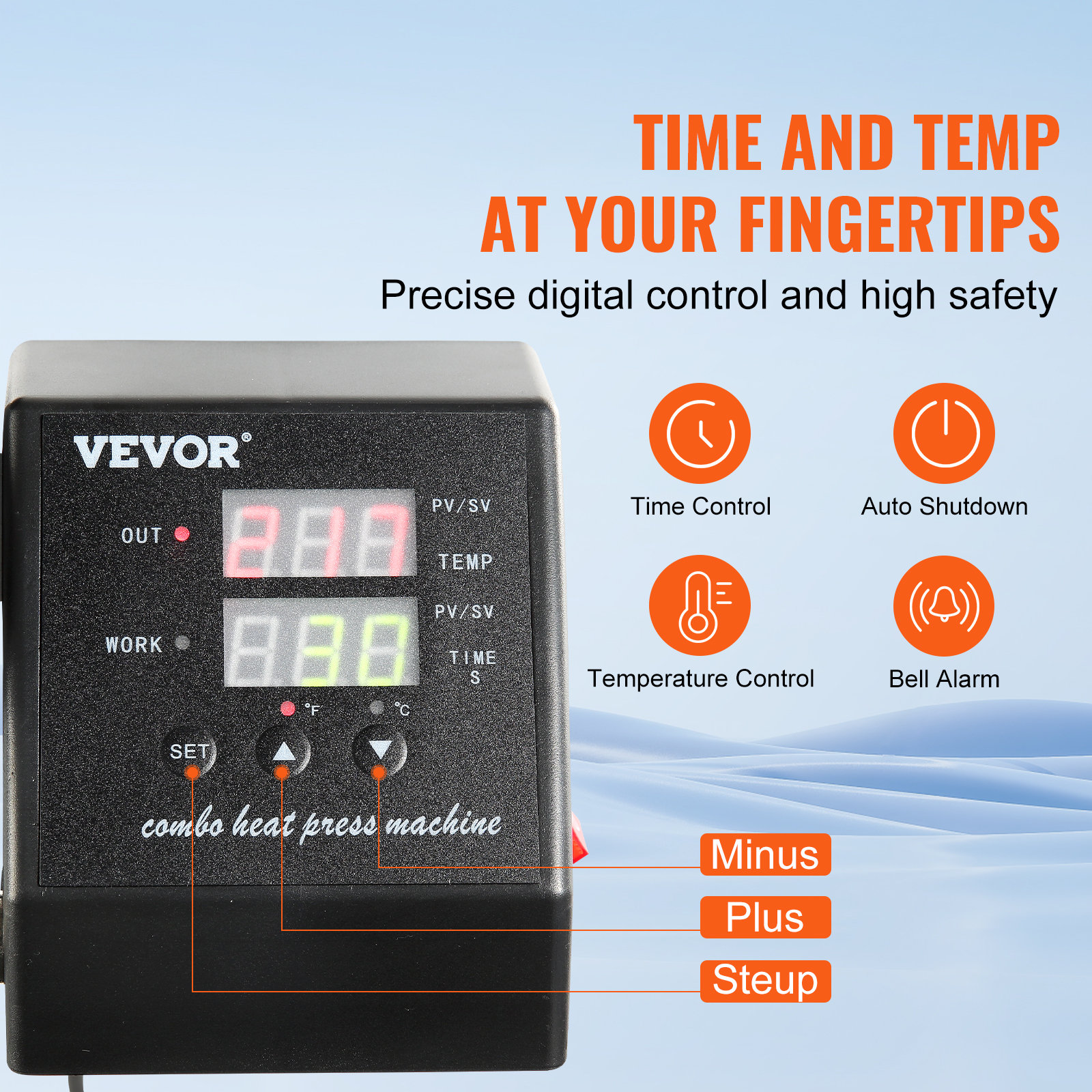 VEVOR Hitzepresse-Steuergerät mit digitalen Anzeigen für Zeit und Temperatur.