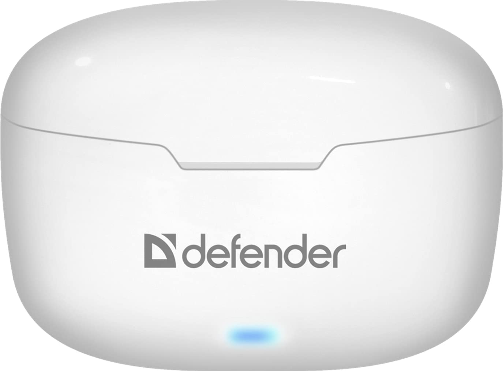Białe etui ładujące z logo Defender i niebieską diodą LED.
