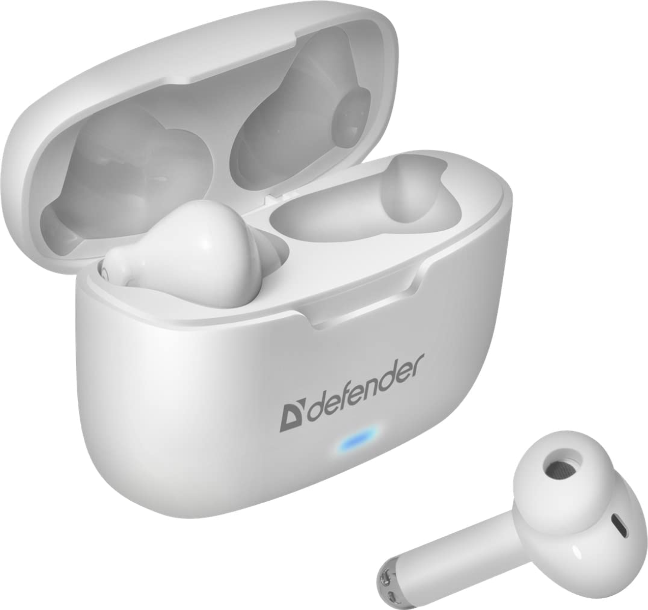 Białe słuchawki bezprzewodowe z etui ładującym. Jeden słuchawka obok.