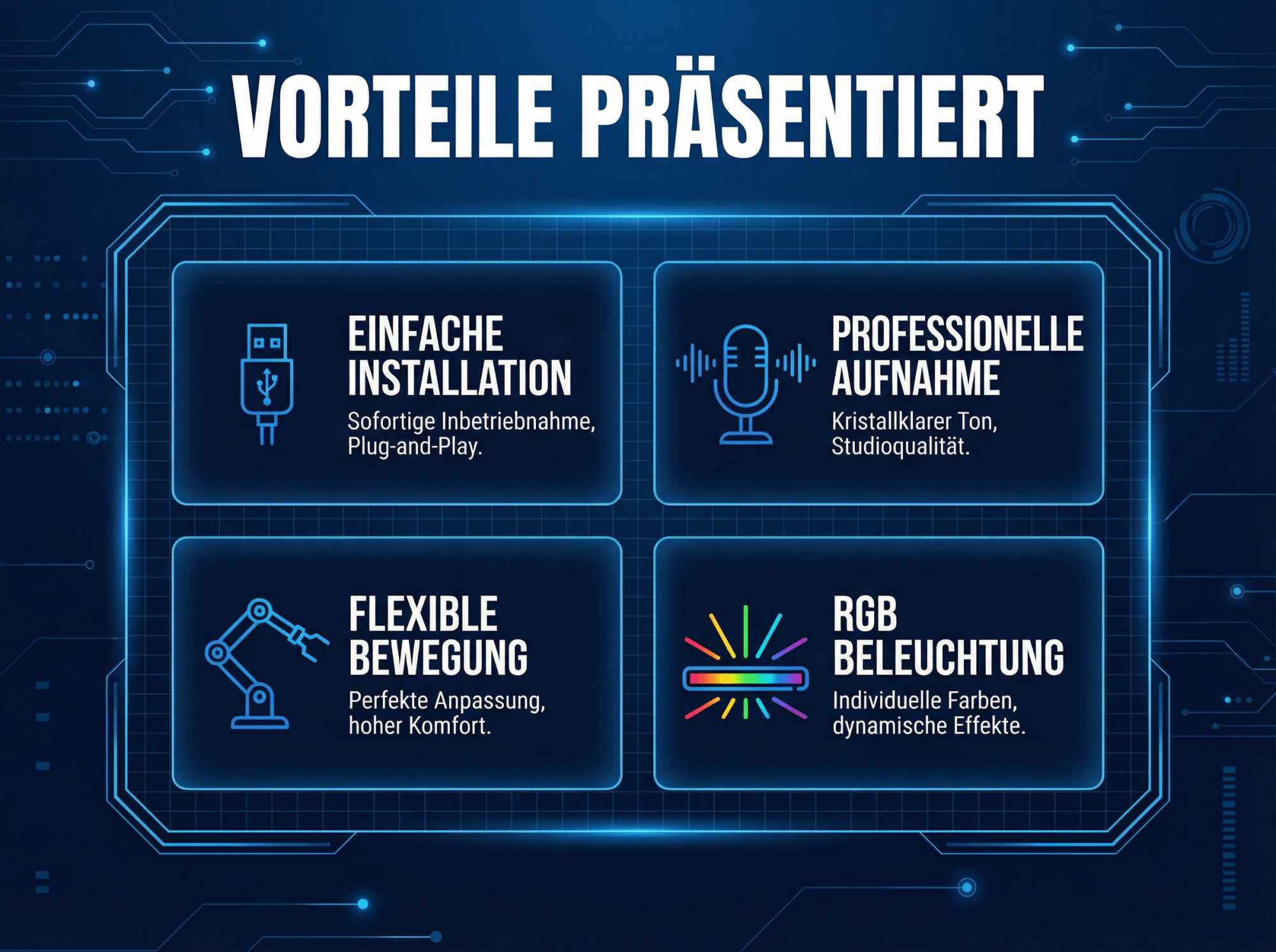 Vorteile präsentiert: Einfache Installation, professionelle Aufnahme, flexible Bewegung, RGB-Beleuchtung.