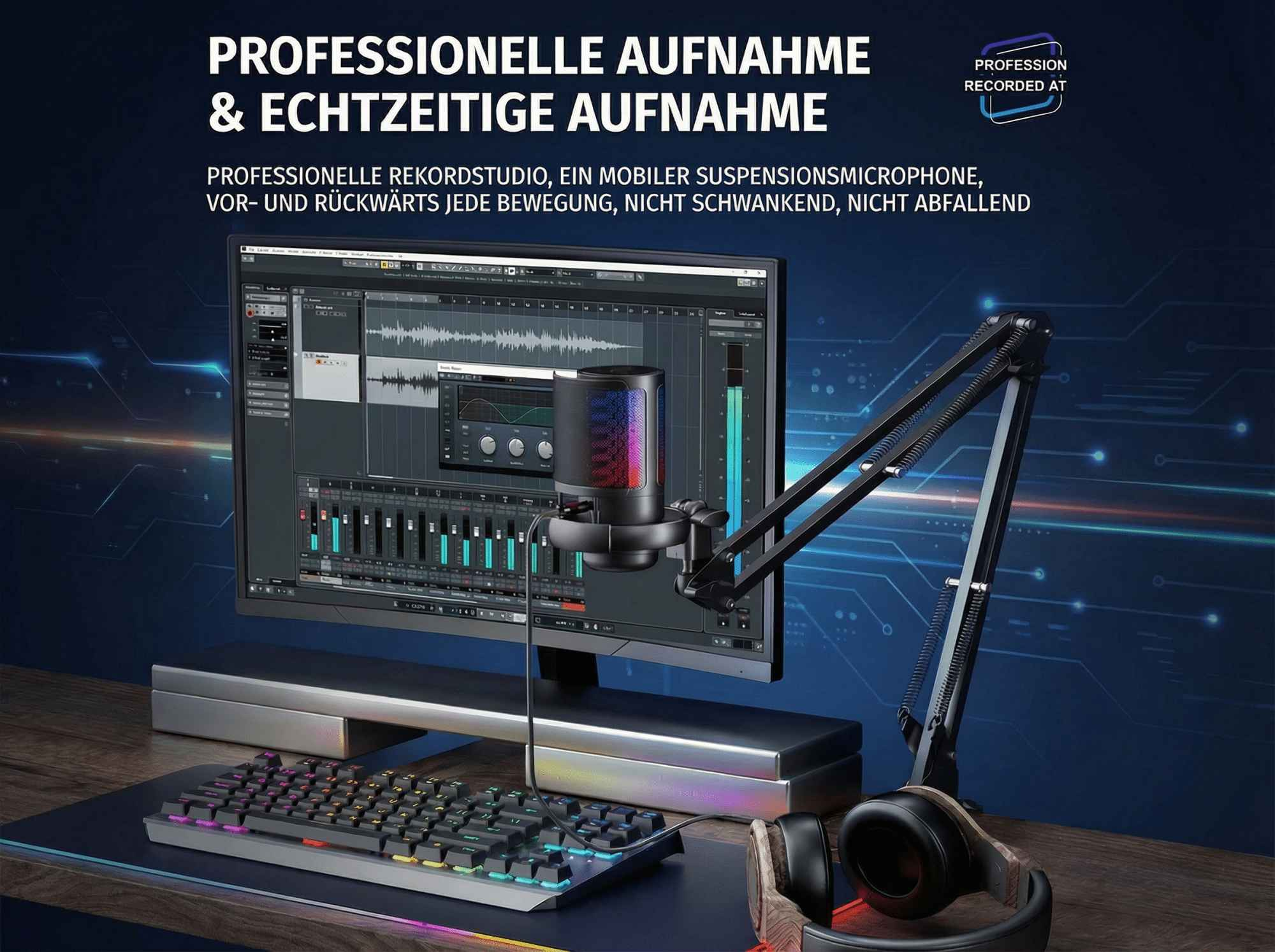 Ein Schreibtisch mit einem Mikrofon, Tastatur, Kopfhörern und einem Computerbildschirm mit Aufnahmesoftware.