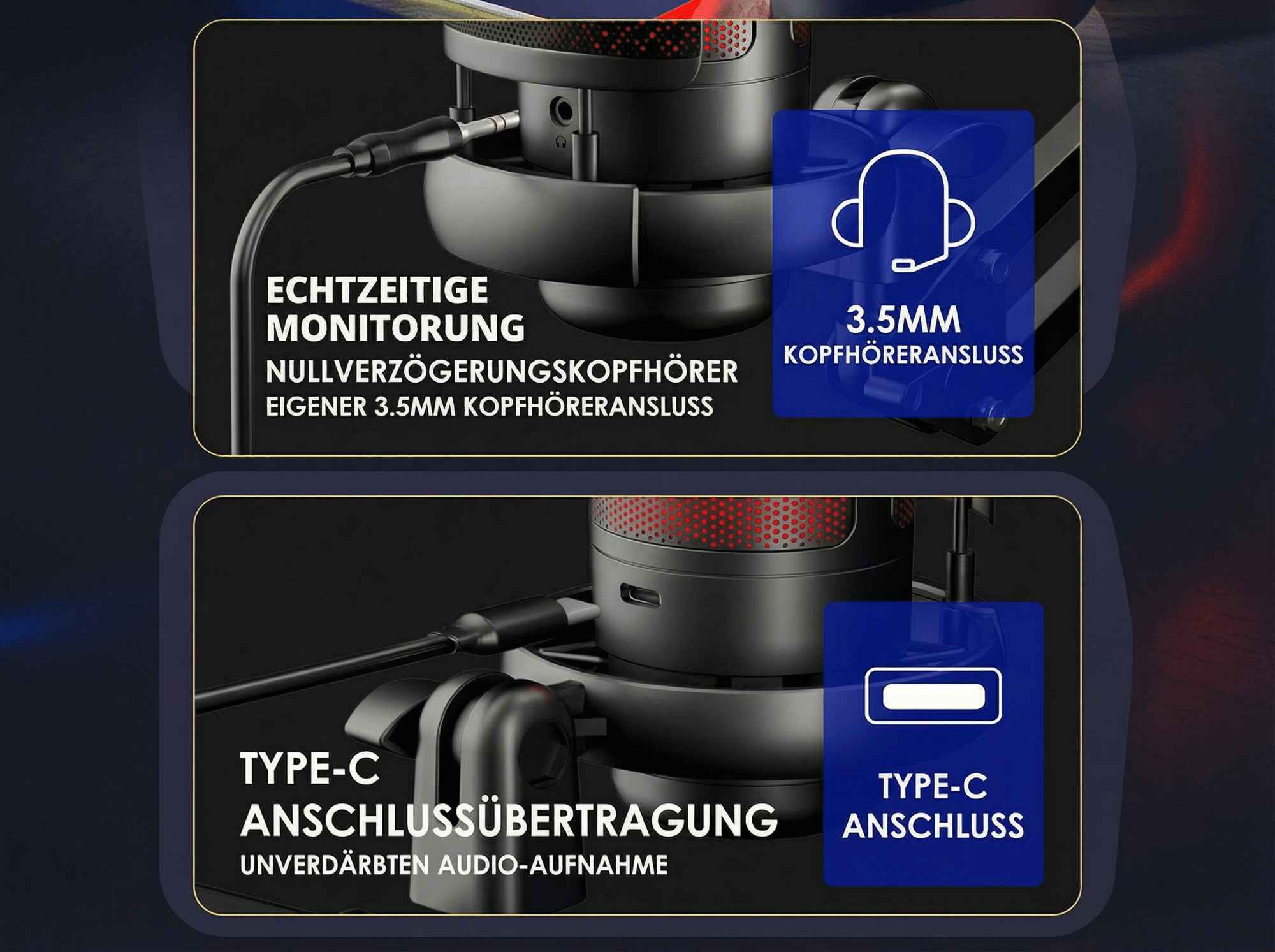 Mikrofon mit Echtzeit-Monitoring und 3,5mm Kopfhöreranschluss.