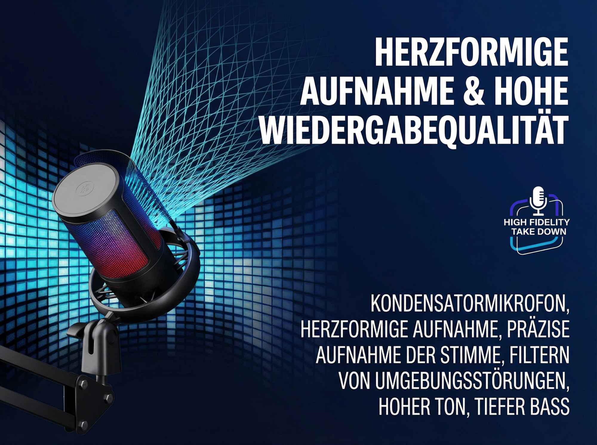 Ein Kondensatormikrofon mit Herzcharakteristik, Hintergrundbeleuchtung und Ständer.