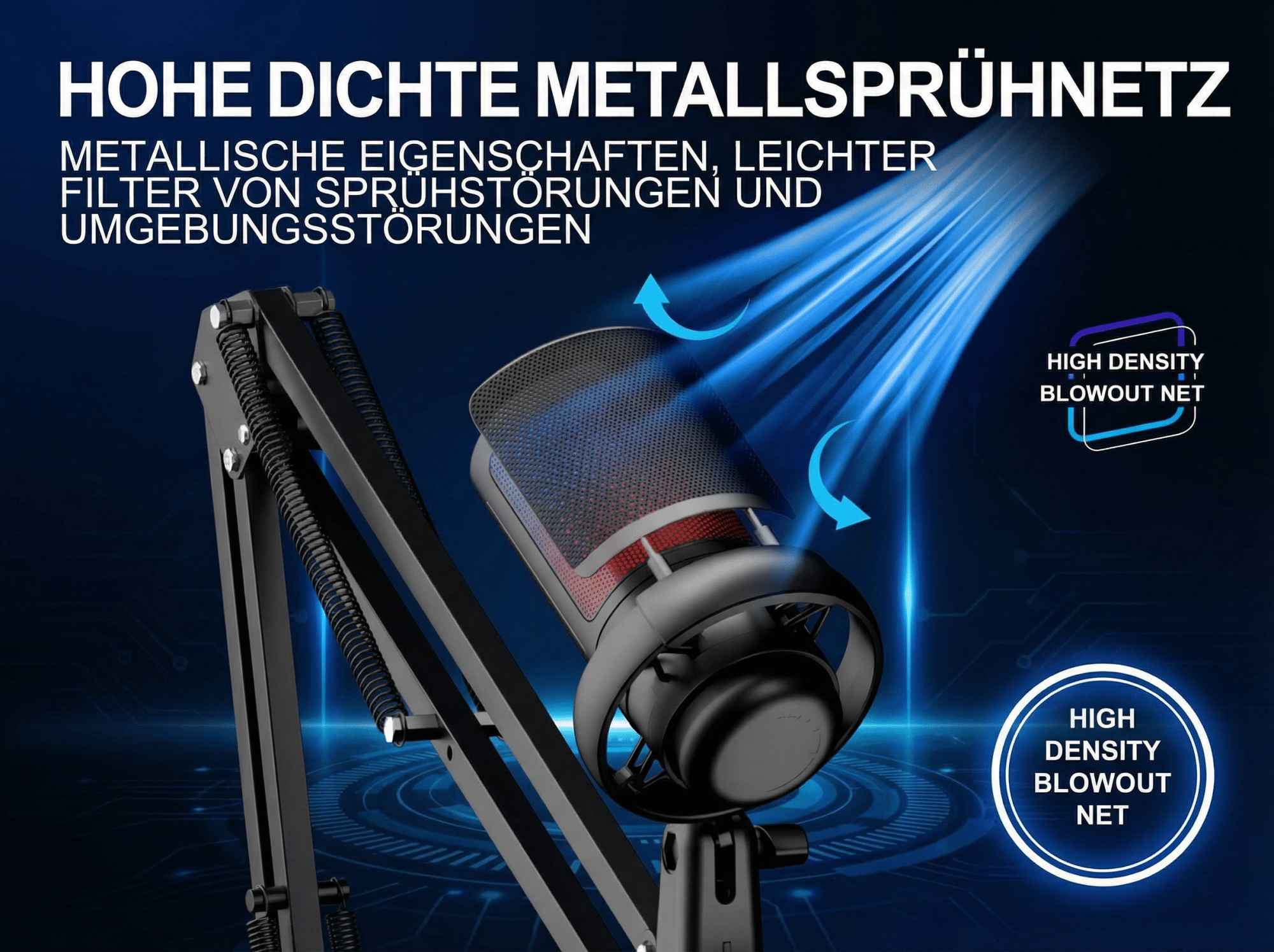 Mikrofon mit Metall-Sprühschutz und blauem Luftstrom-Diagramm.