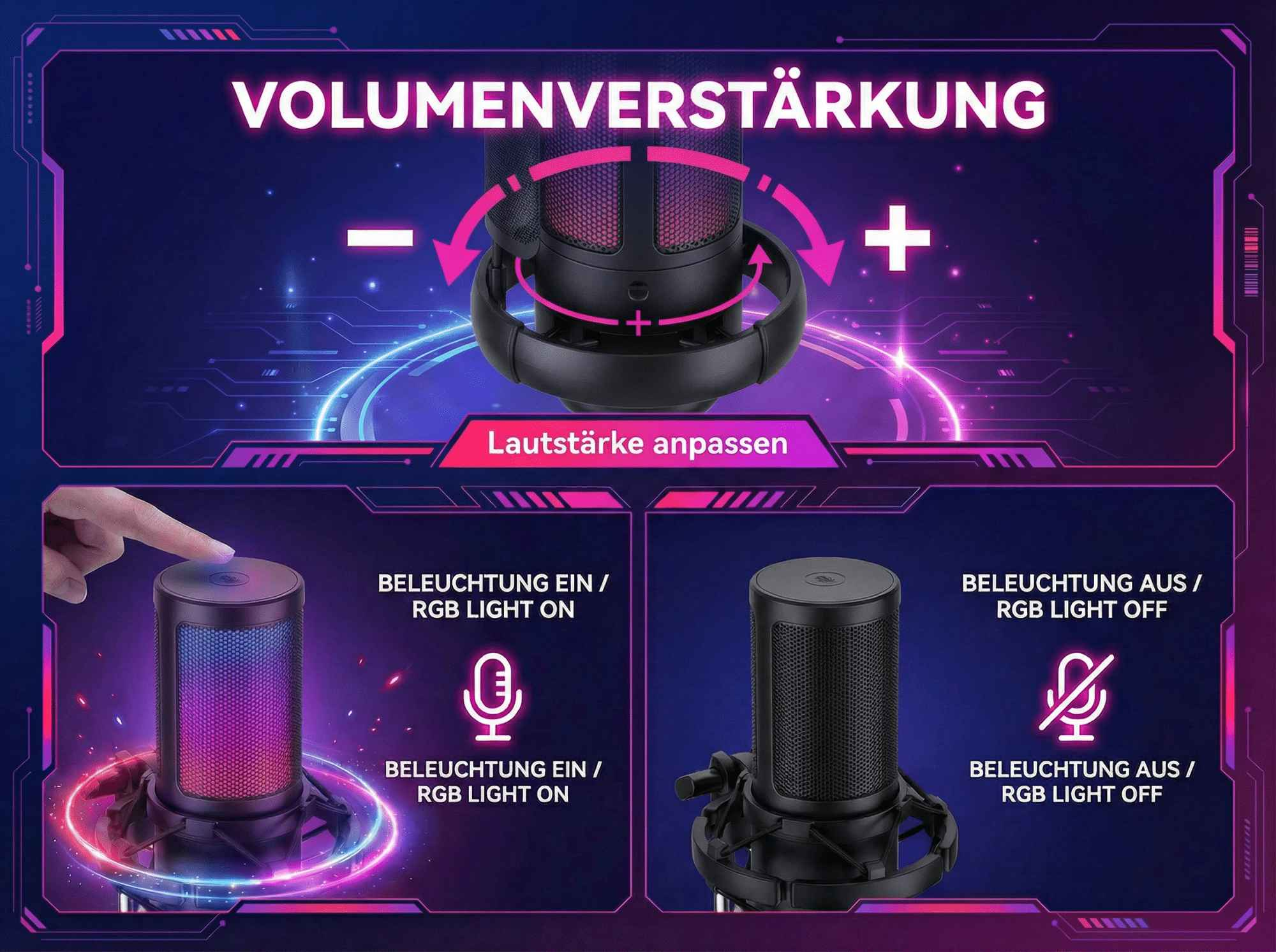 Mikrofon mit Lautstärkeregelung und RGB-Beleuchtung.