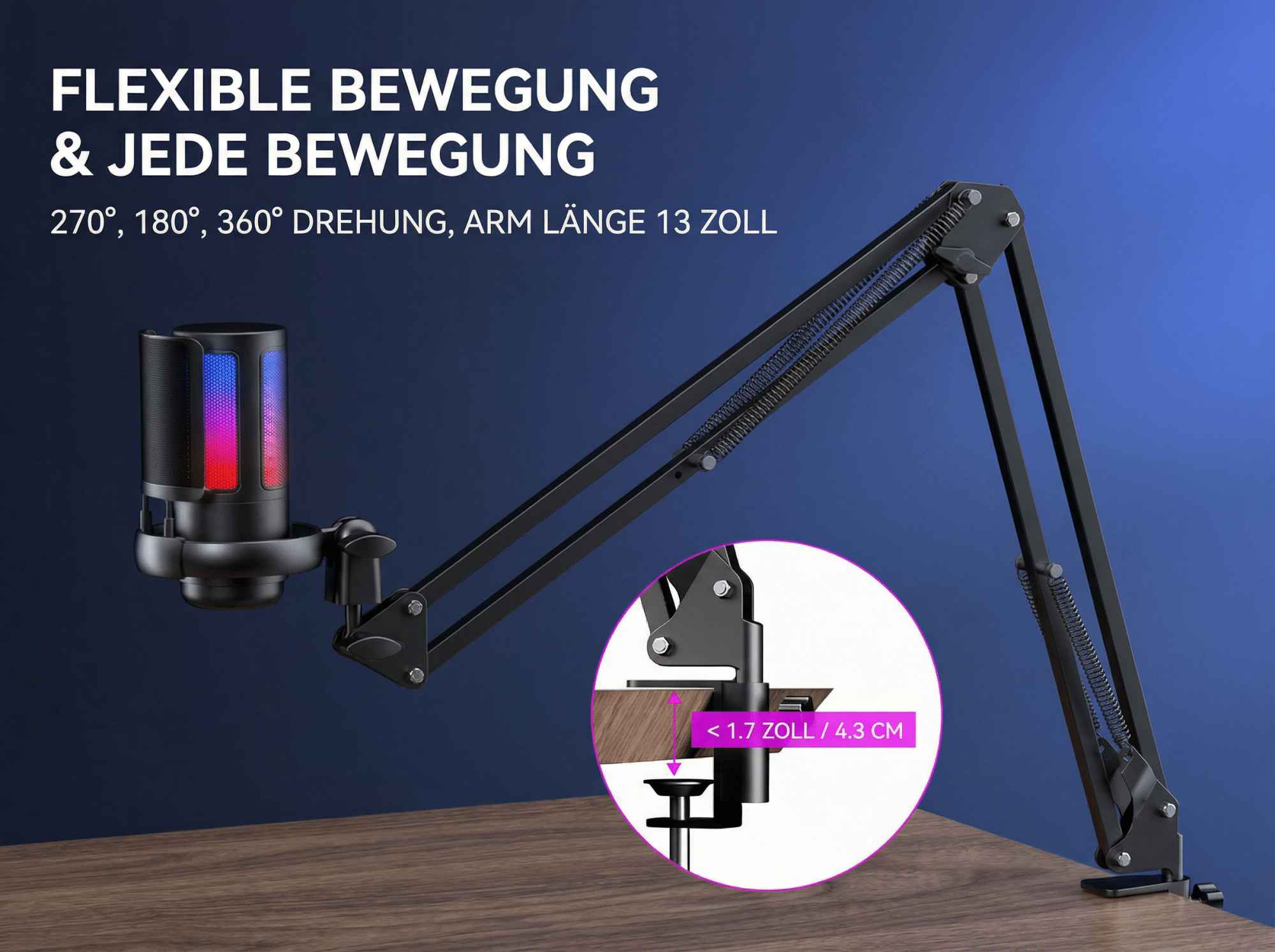 Ein Mikrofonarm mit flexibler Bewegung, das an einem Tisch befestigt ist.