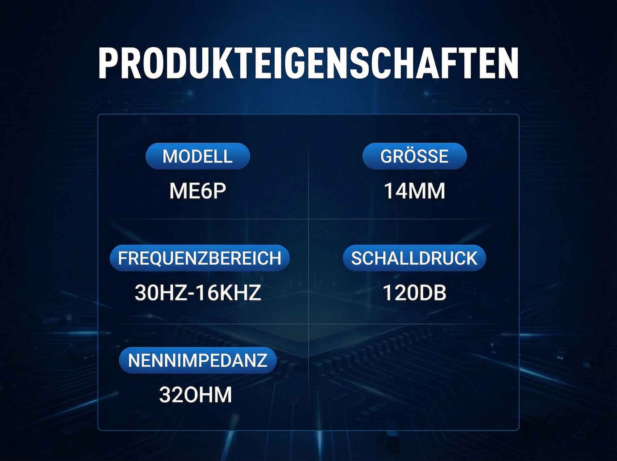 Produkteigenschaften: Modell ME6P, Größe 14MM, Frequenz 30Hz-16KHz, Schalldruck 120dB, Nennimpedanz 320 Ohm.