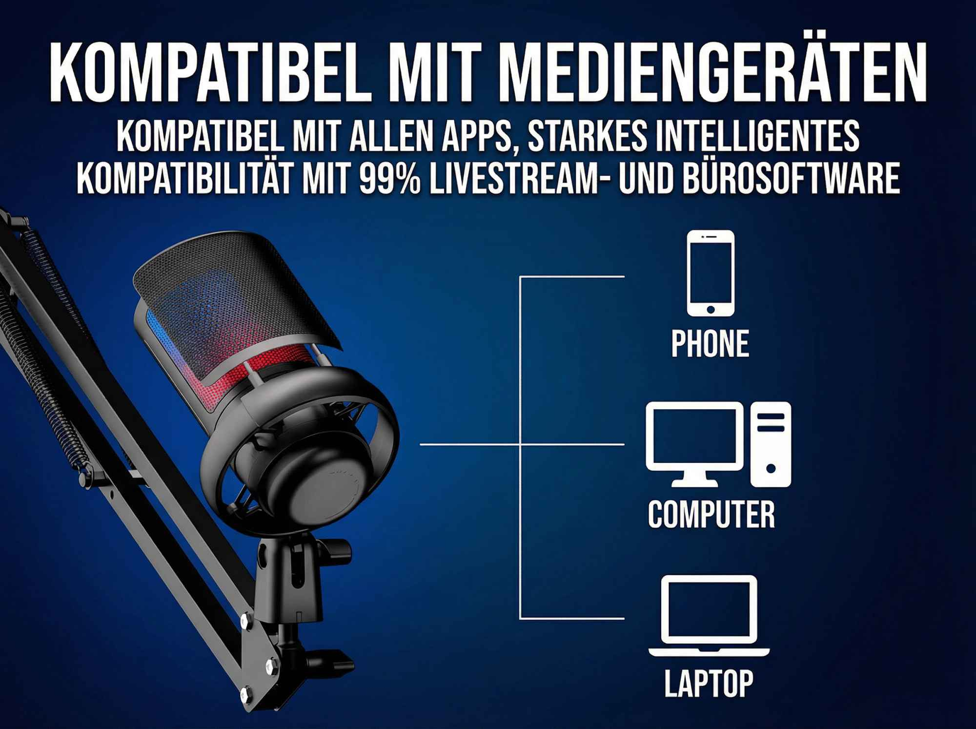 Ein Mikrofon mit Stativ und Icons für Handy, Computer und Laptop.