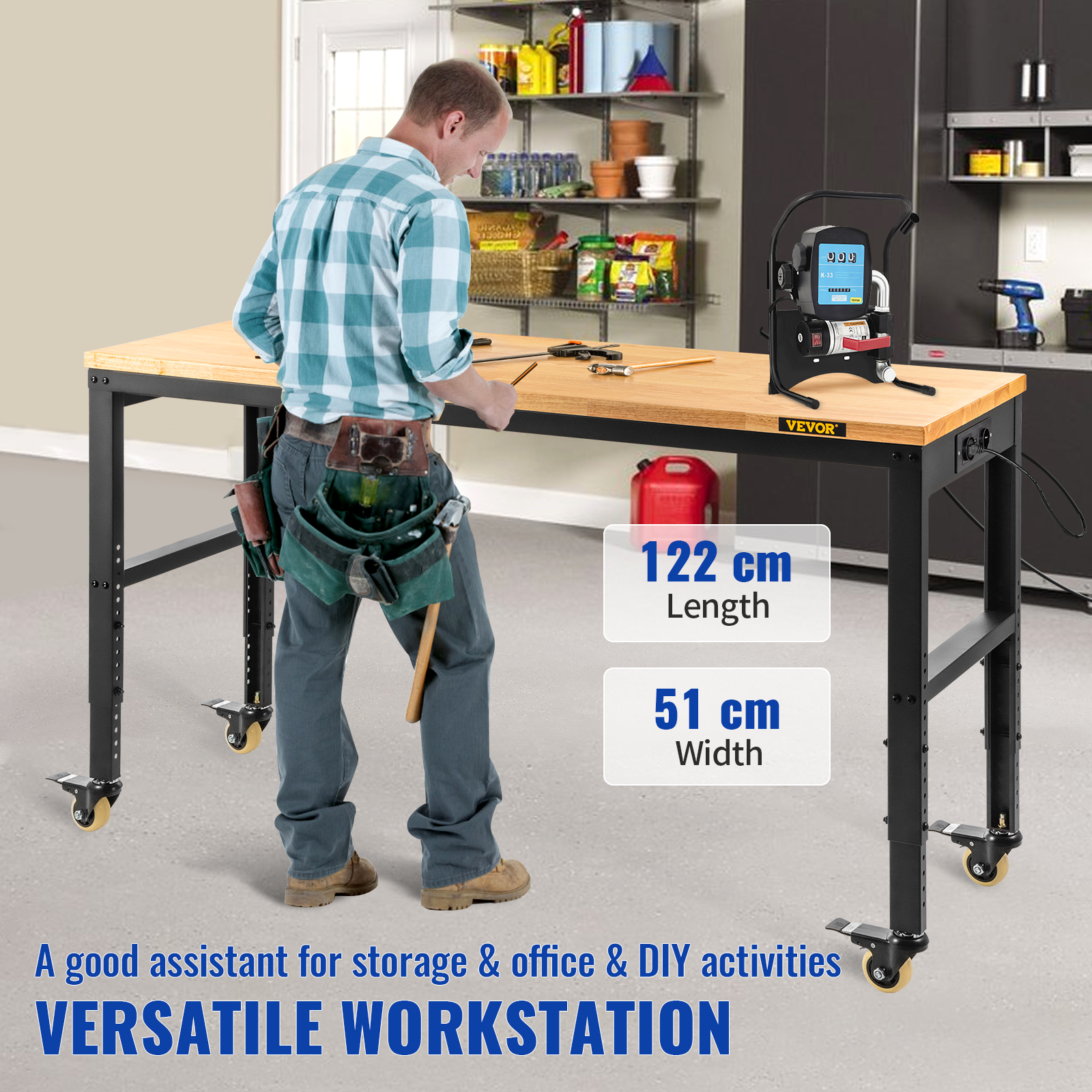 Hombre en taller junto a banco de trabajo con herramientas y máquina. Dimensiones.